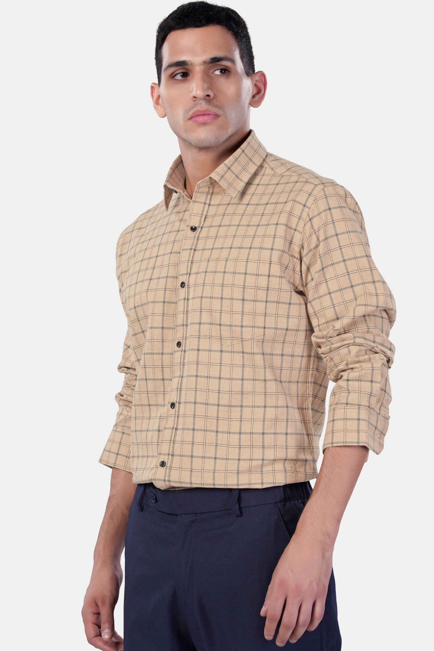 7swords-Tan Brown and Regent Gray Checkered Premium Cotton Shirt