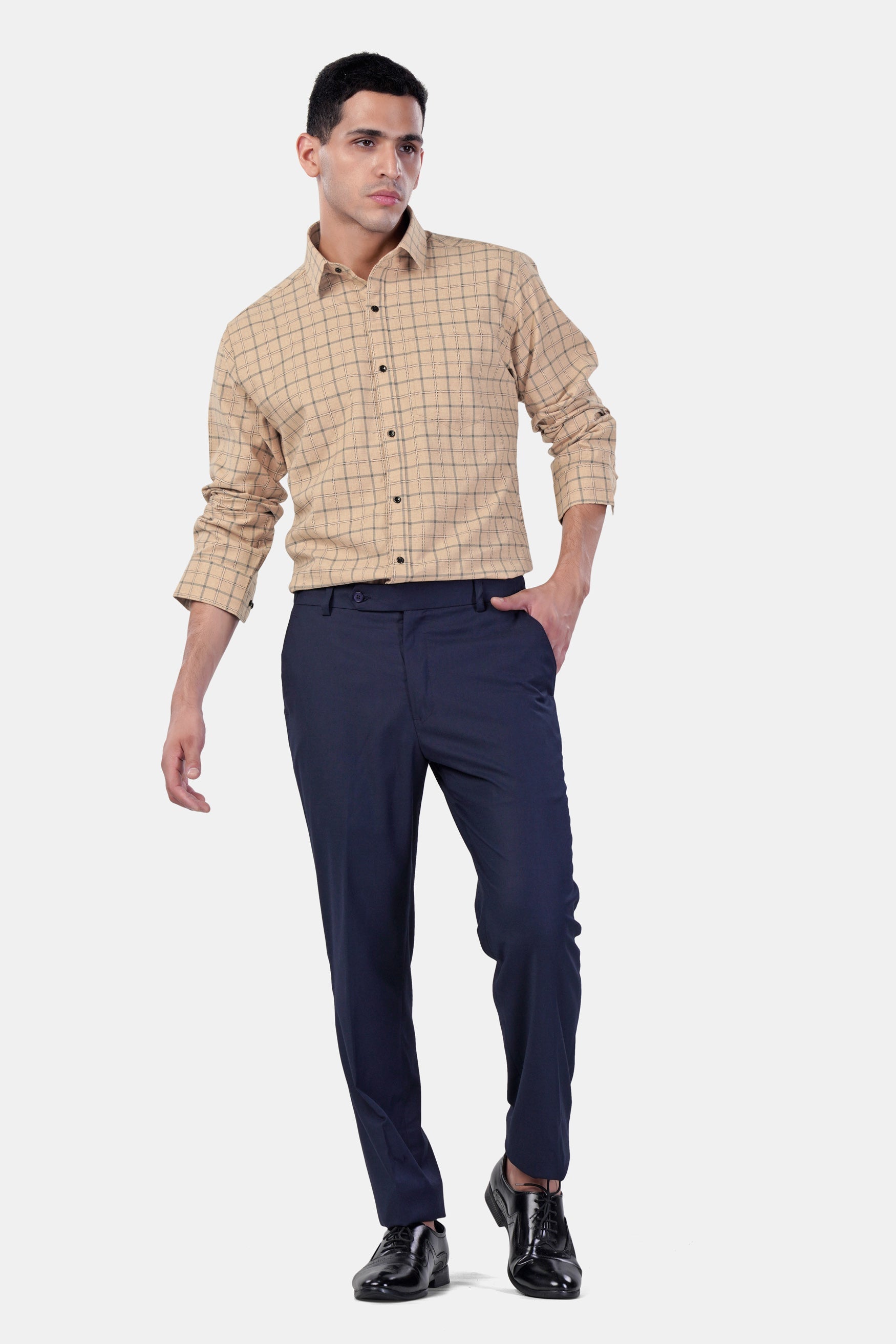 7swords-Tan Brown and Regent Gray Checkered Premium Cotton Shirt