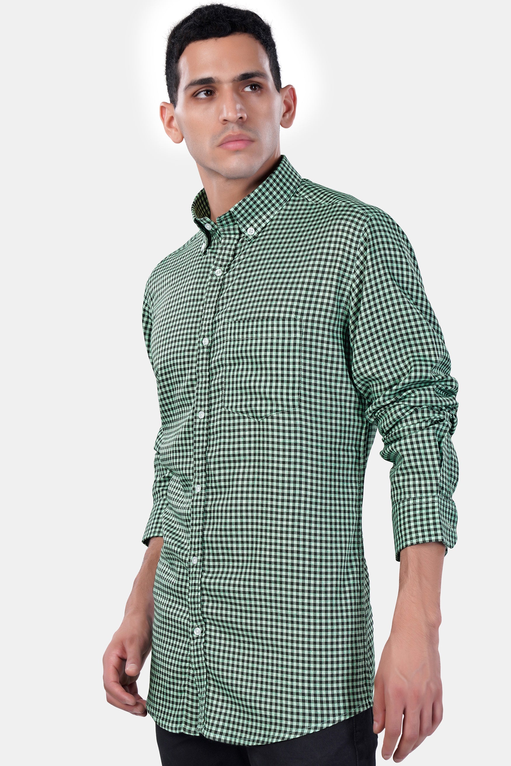 7swords-Cascade Green and Baltic Sea Blue Gingham Checkered Premium Cotton Button Down Shirt