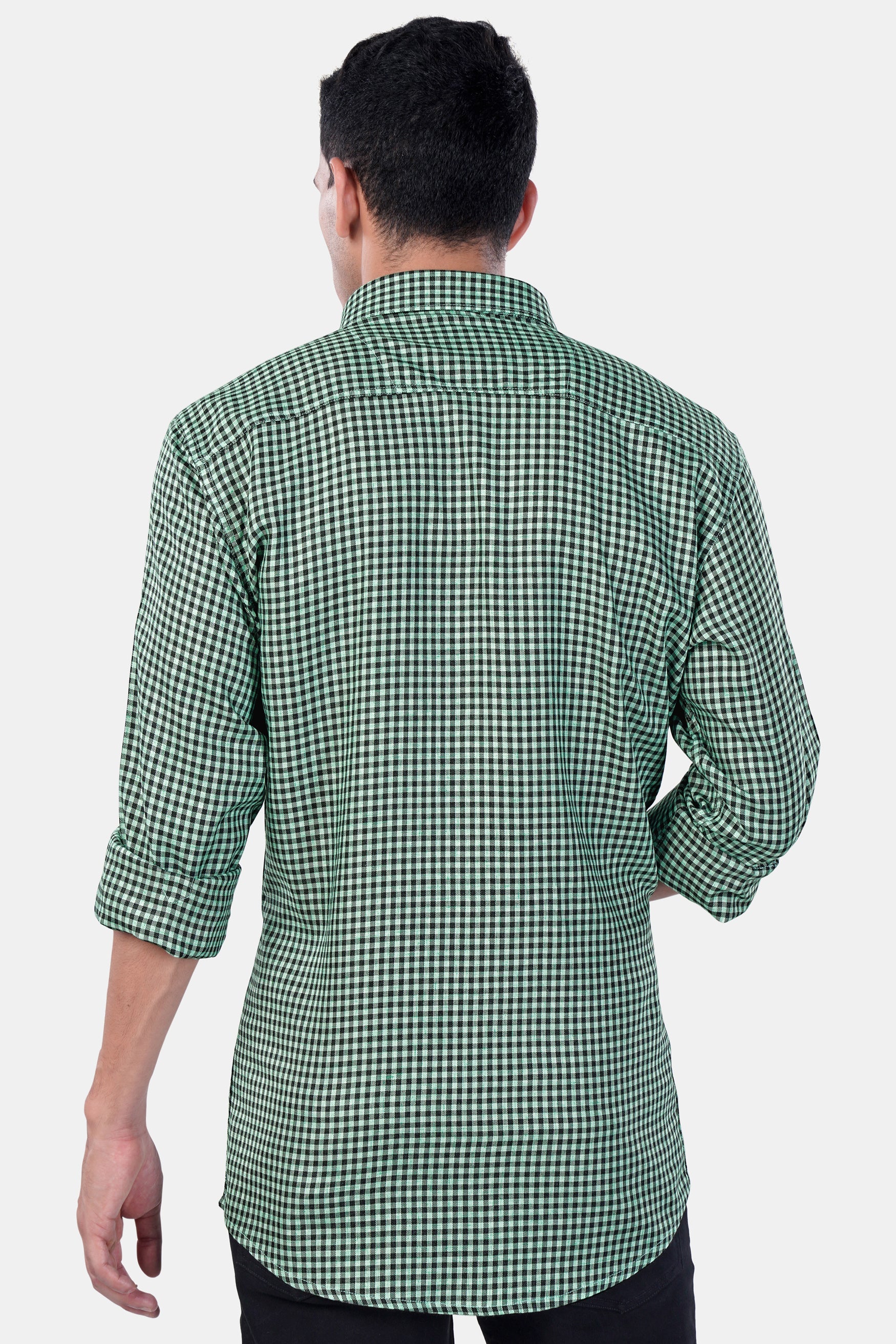 7swords-Cascade Green and Baltic Sea Blue Gingham Checkered Premium Cotton Button Down Shirt