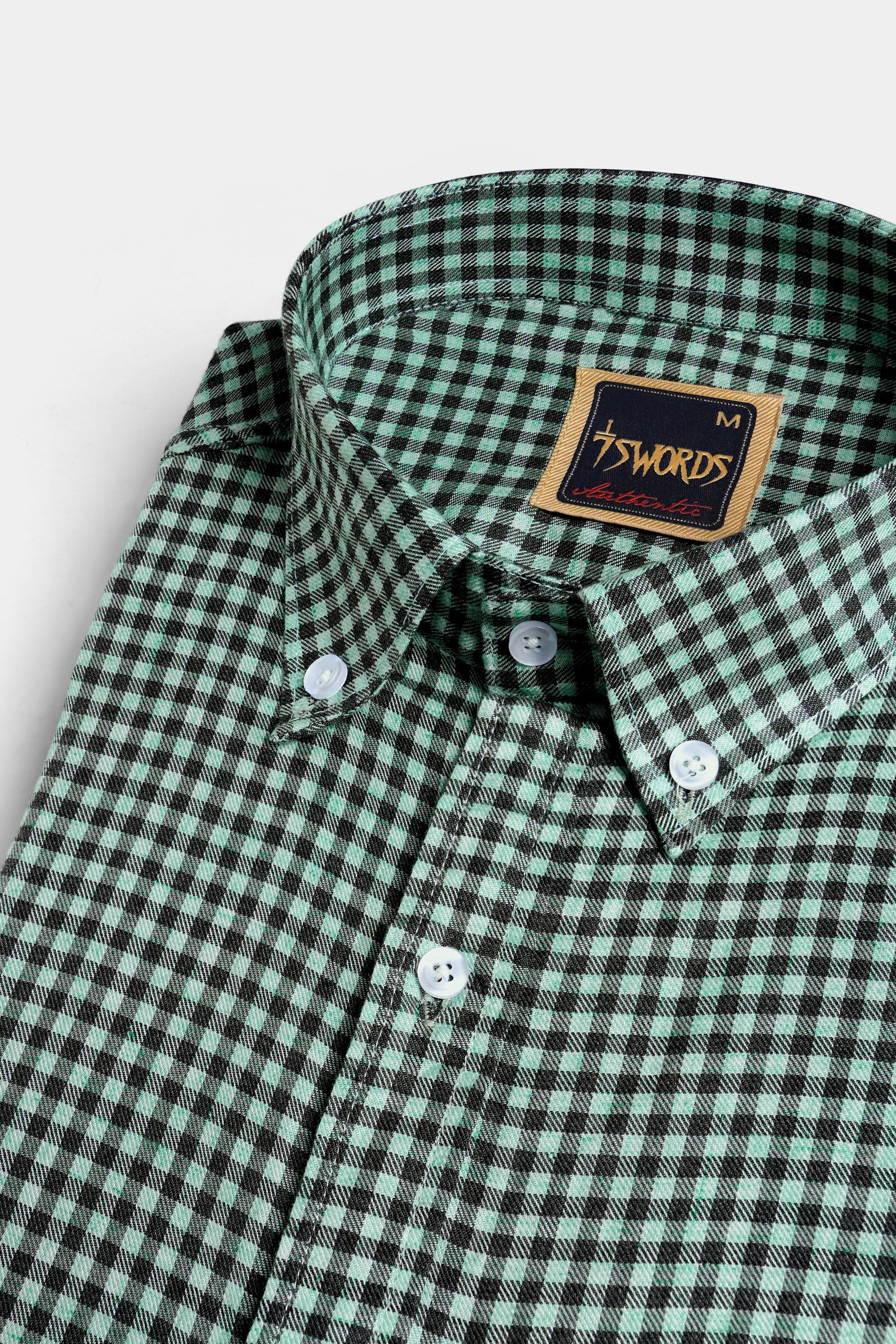 7swords-Cascade Green and Baltic Sea Blue Gingham Checkered Premium Cotton Button Down Shirt