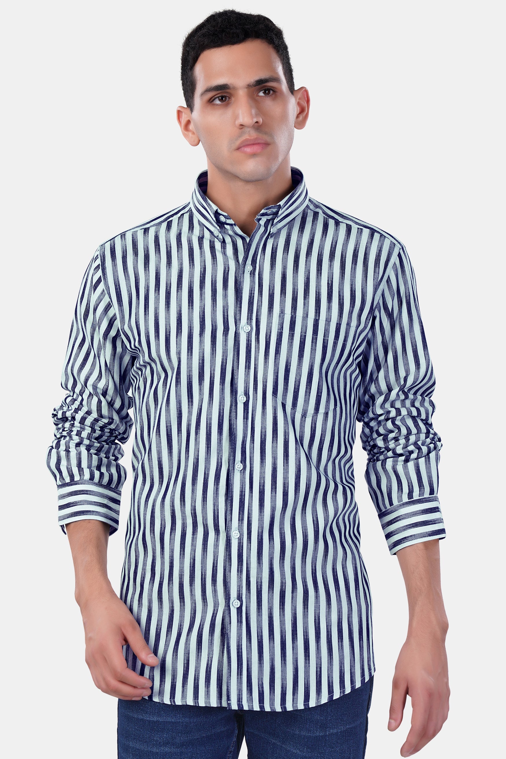 7swords-Ziggurat Blue and Ebony Clay Blue Striped Premium Cotton Shirt