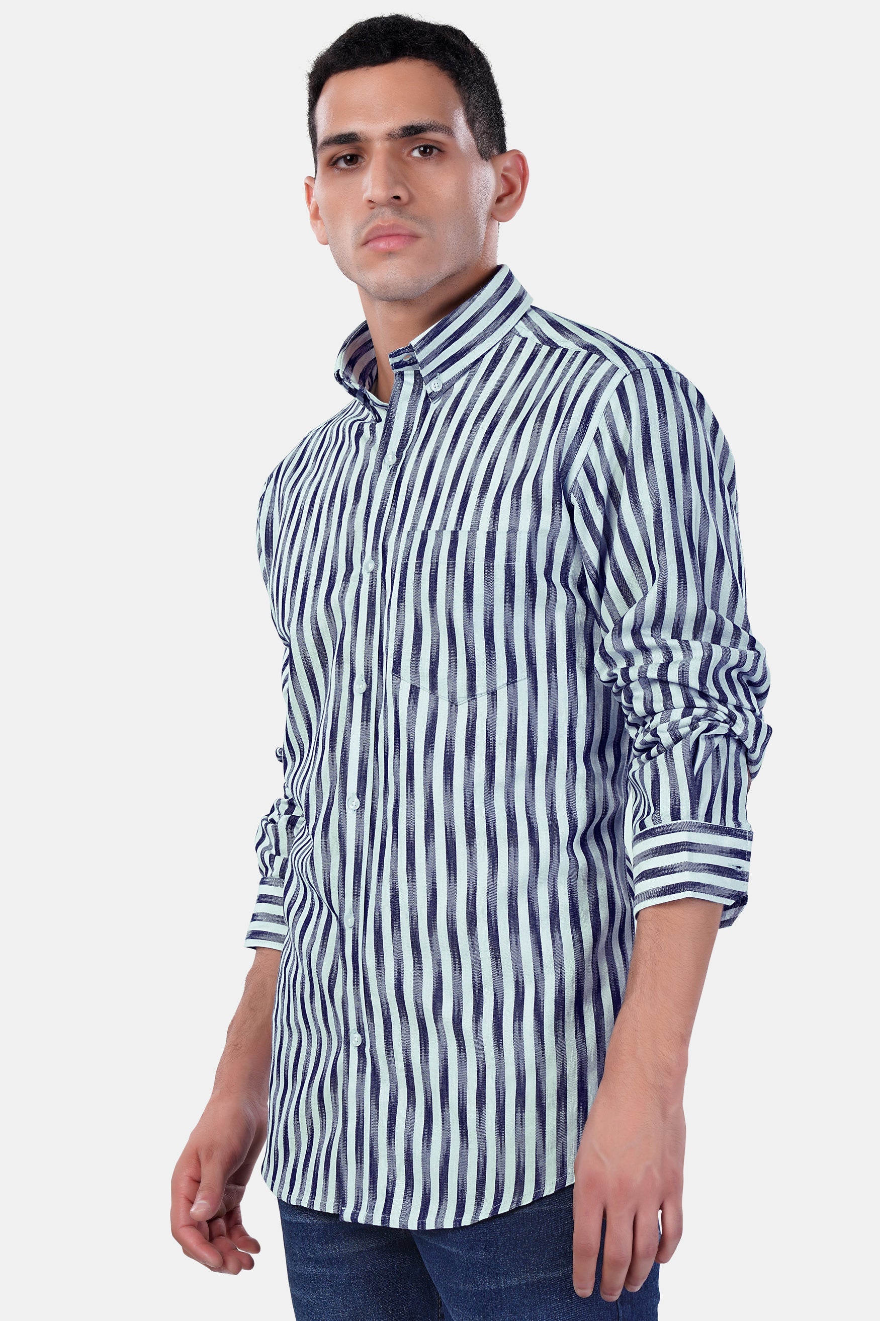 7swords-Ziggurat Blue and Ebony Clay Blue Striped Premium Cotton Shirt