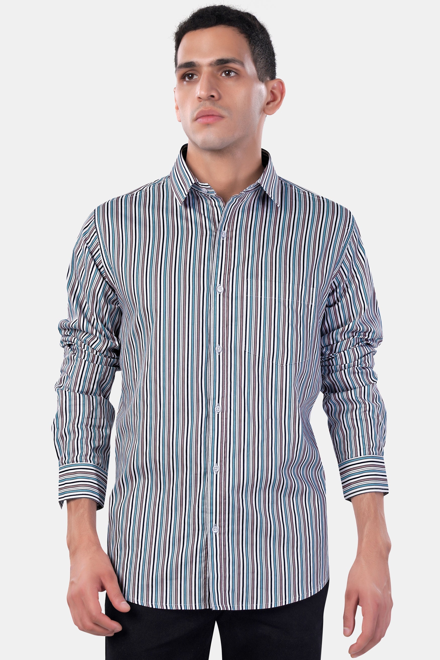 7swords-Opium Brown with White and Wedgewood Blue Multicolour Striped Premium Cotton Shirt