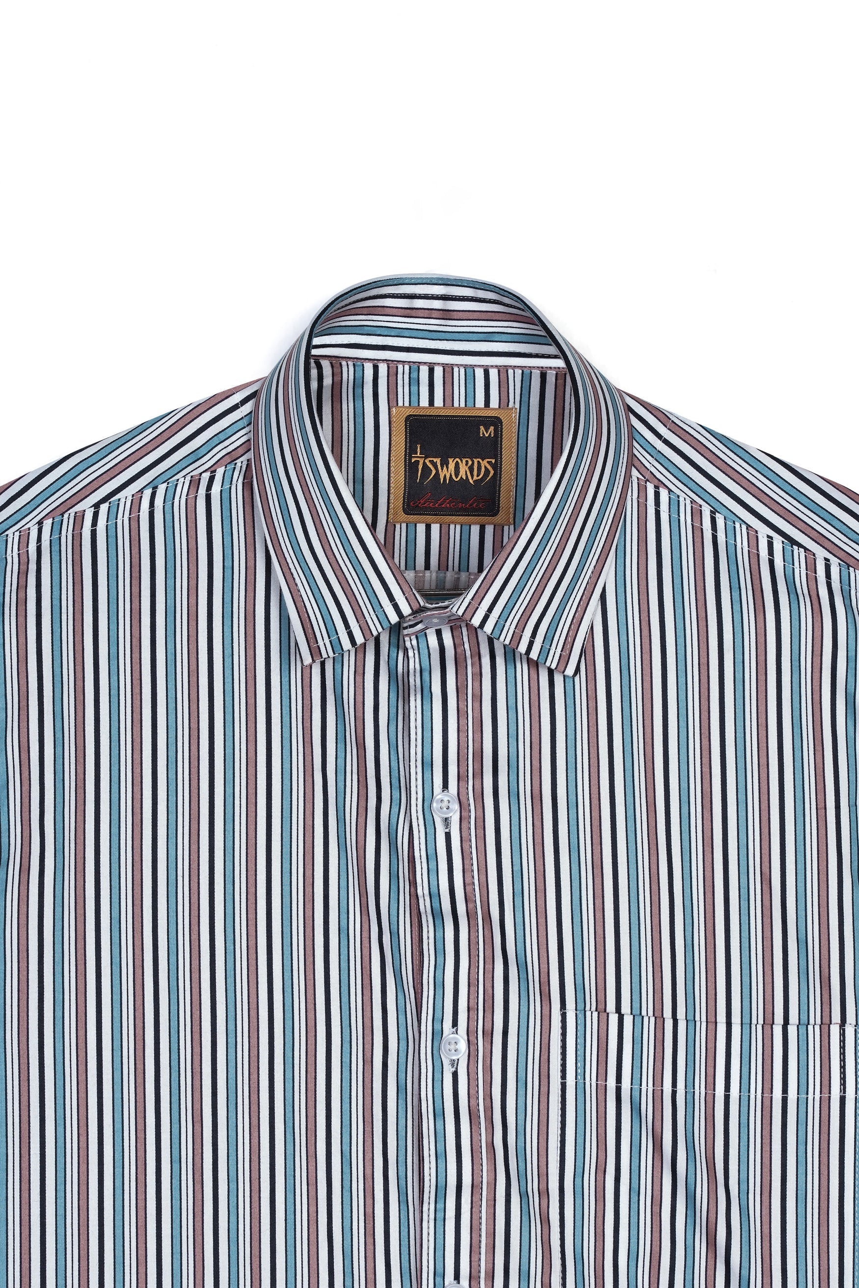 7swords-Opium Brown with White and Wedgewood Blue Multicolour Striped Premium Cotton Shirt