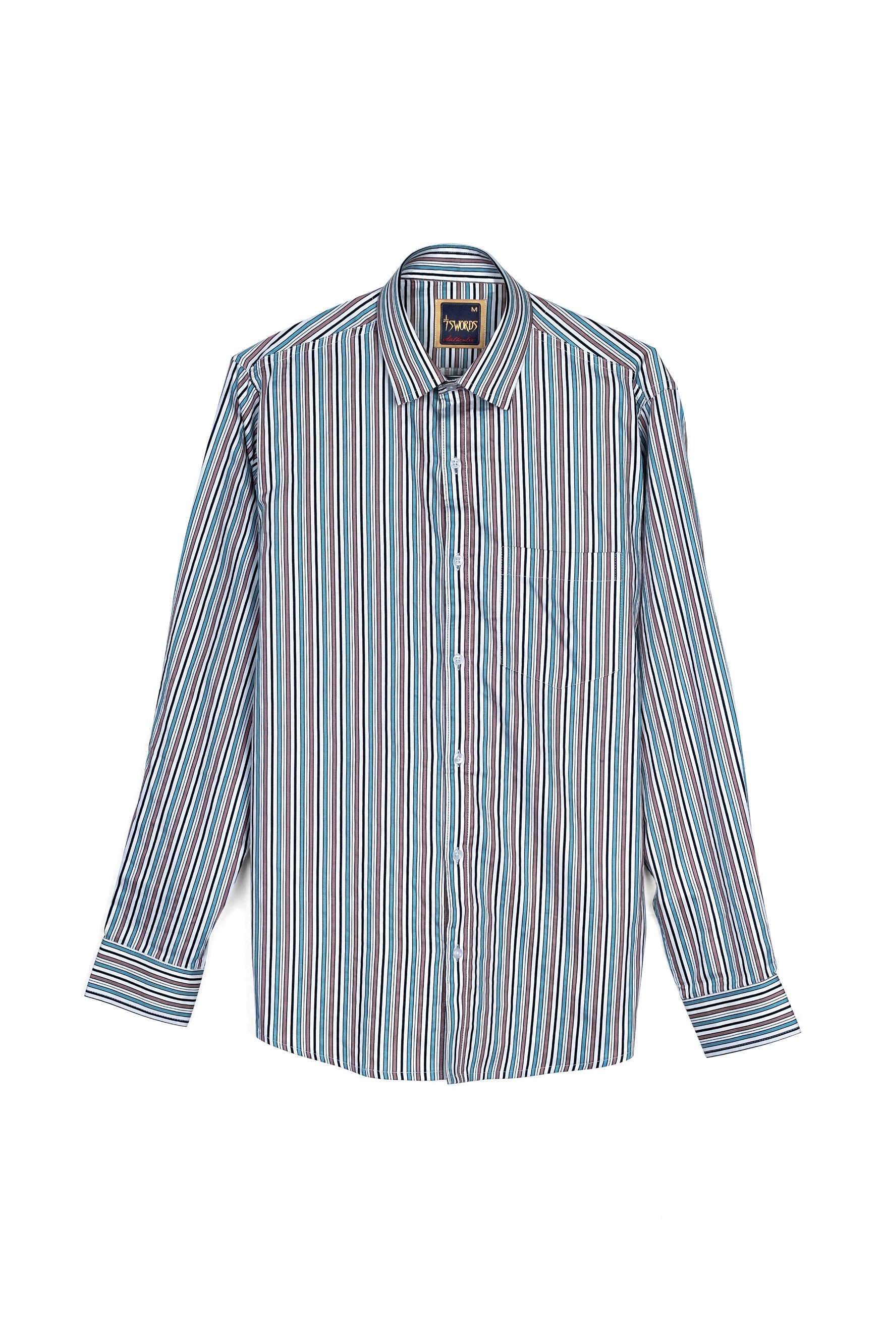 7swords-Opium Brown with White and Wedgewood Blue Multicolour Striped Premium Cotton Shirt