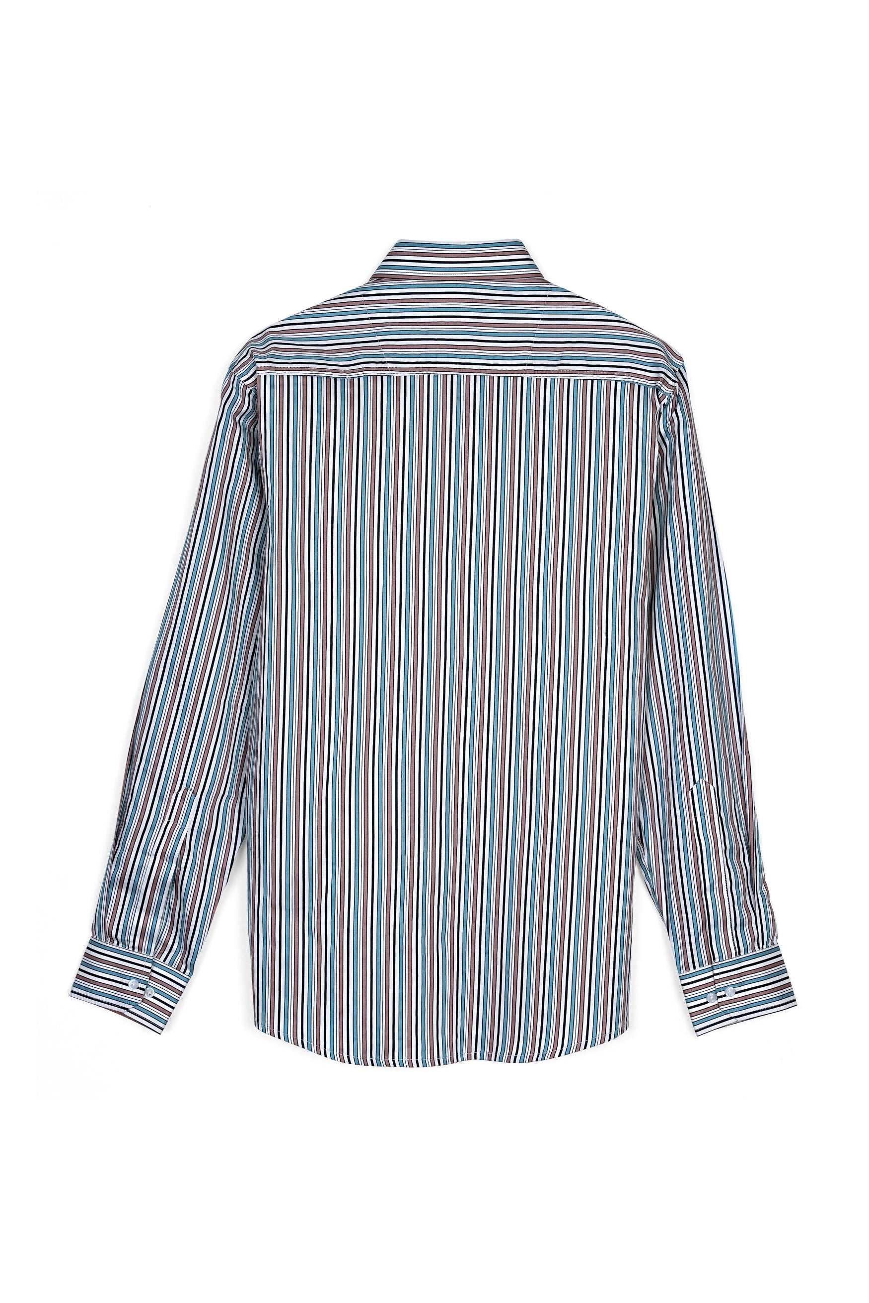 7swords-Opium Brown with White and Wedgewood Blue Multicolour Striped Premium Cotton Shirt