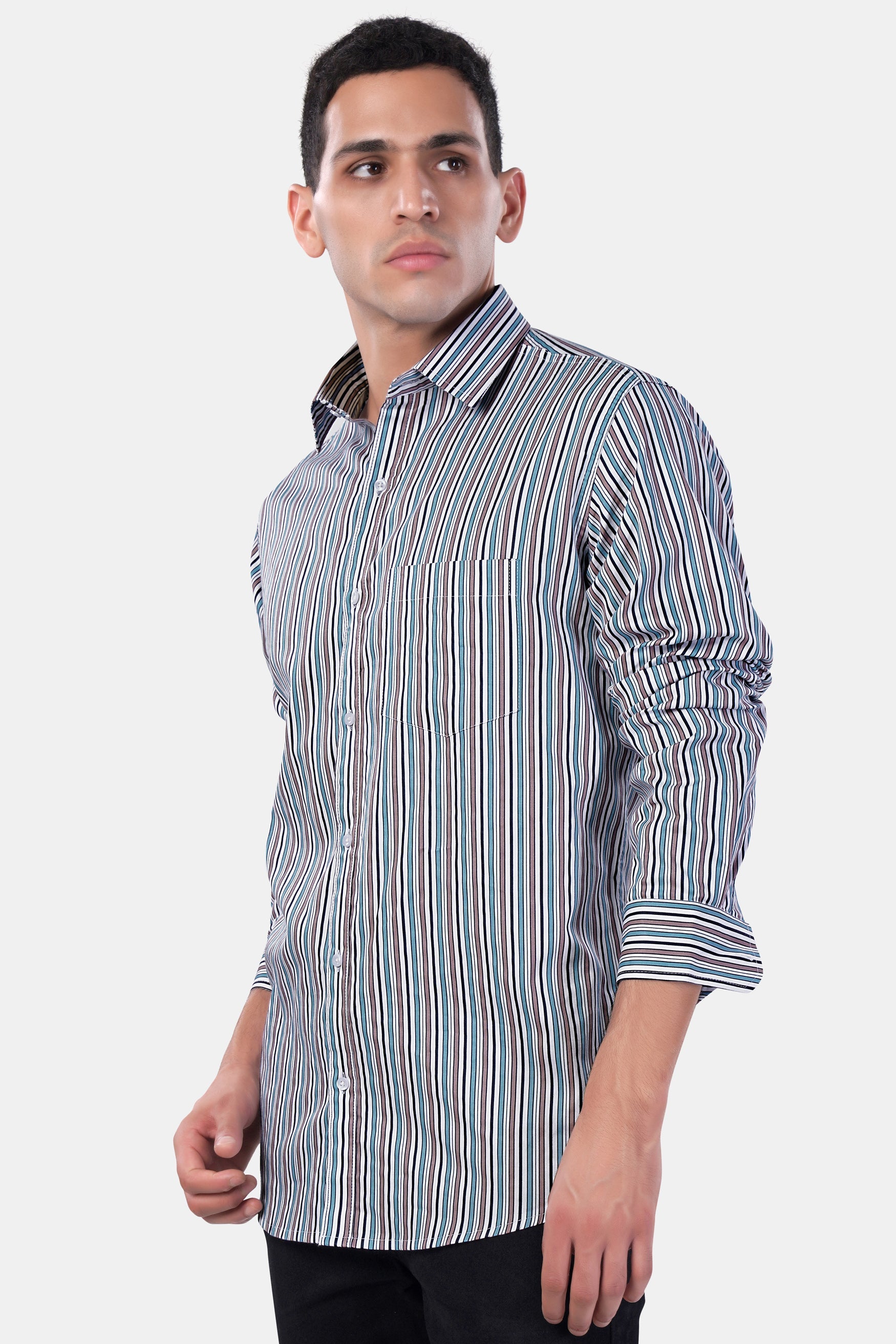 7swords-Opium Brown with White and Wedgewood Blue Multicolour Striped Premium Cotton Shirt