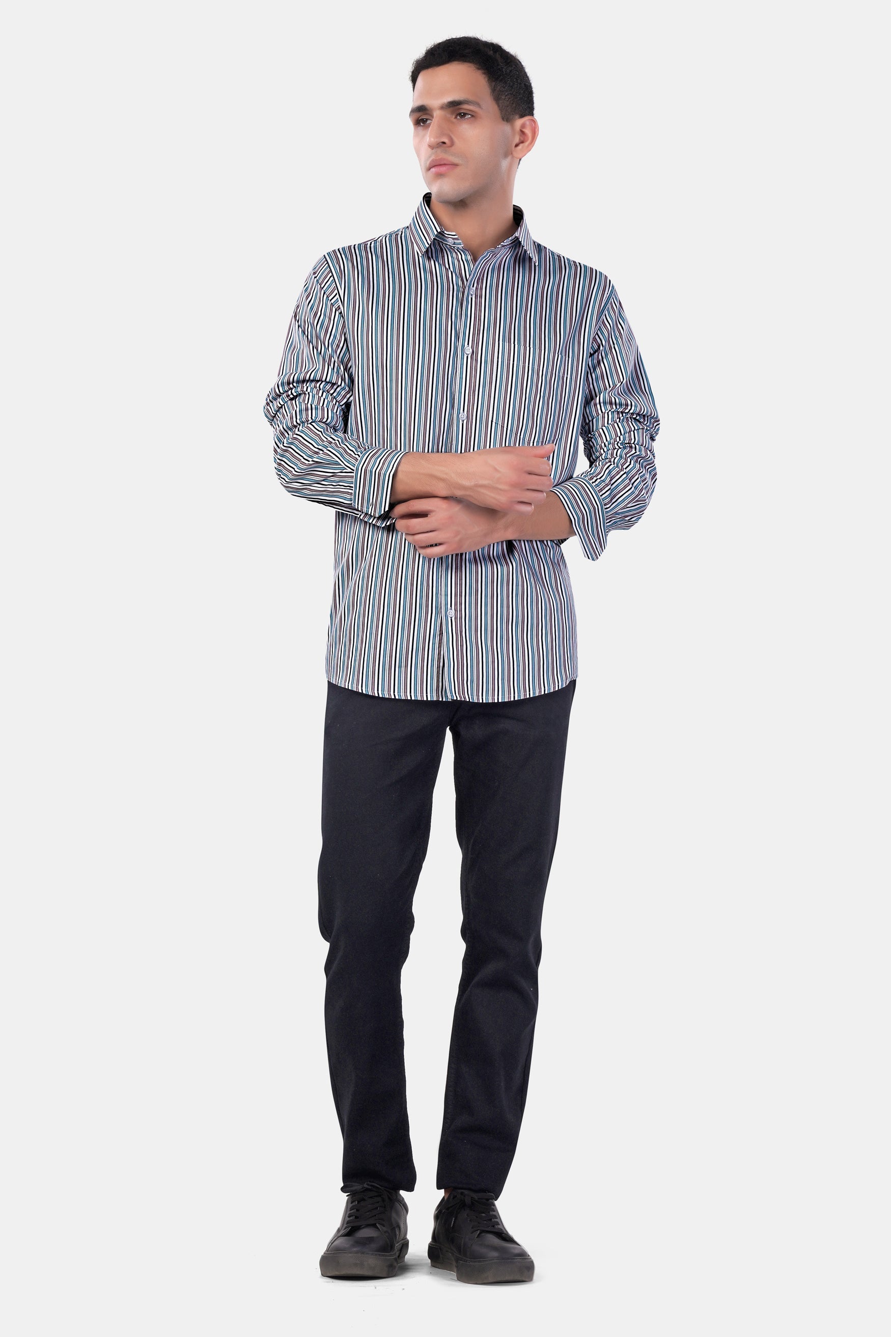 7swords-Opium Brown with White and Wedgewood Blue Multicolour Striped Premium Cotton Shirt