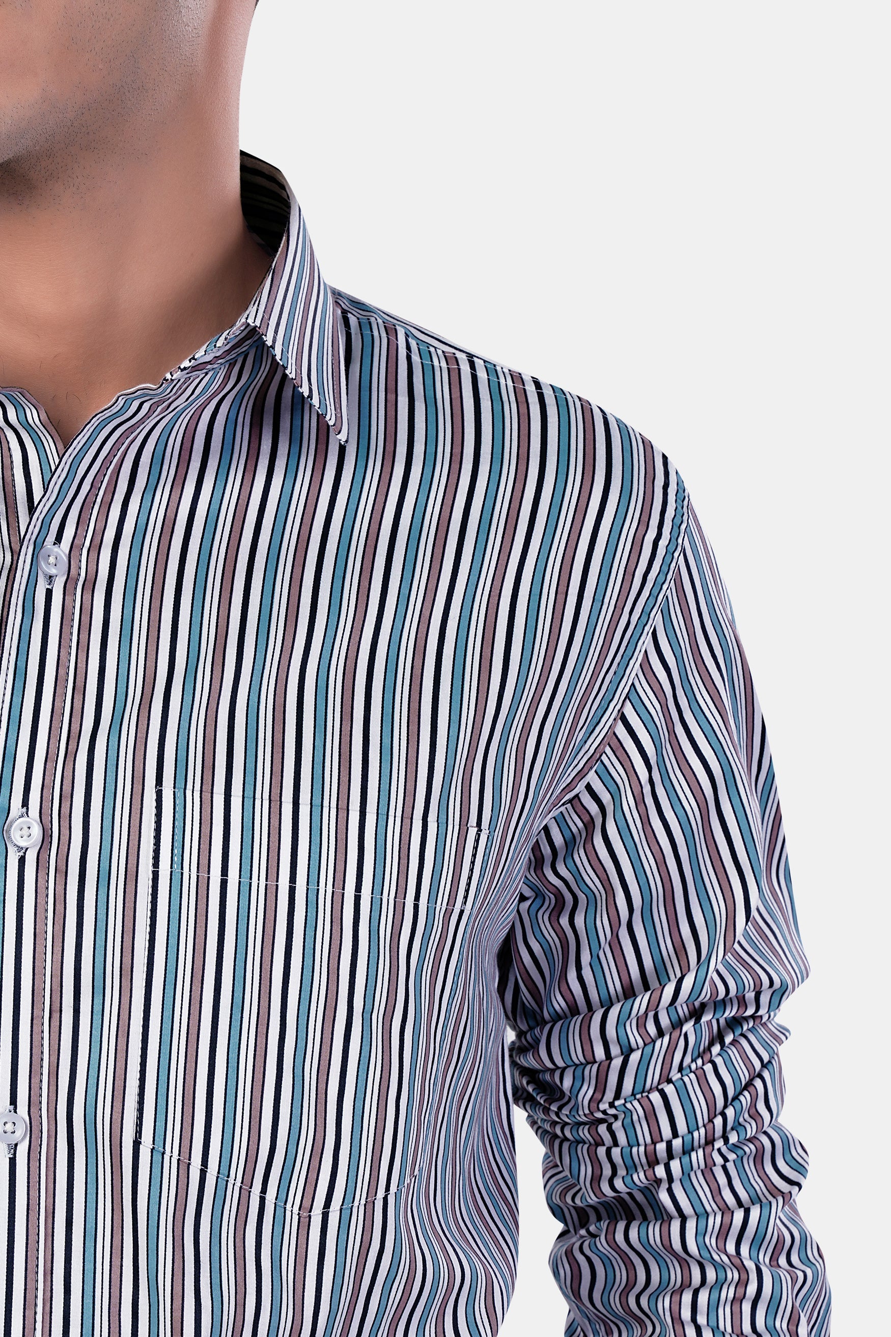 7swords-Opium Brown with White and Wedgewood Blue Multicolour Striped Premium Cotton Shirt