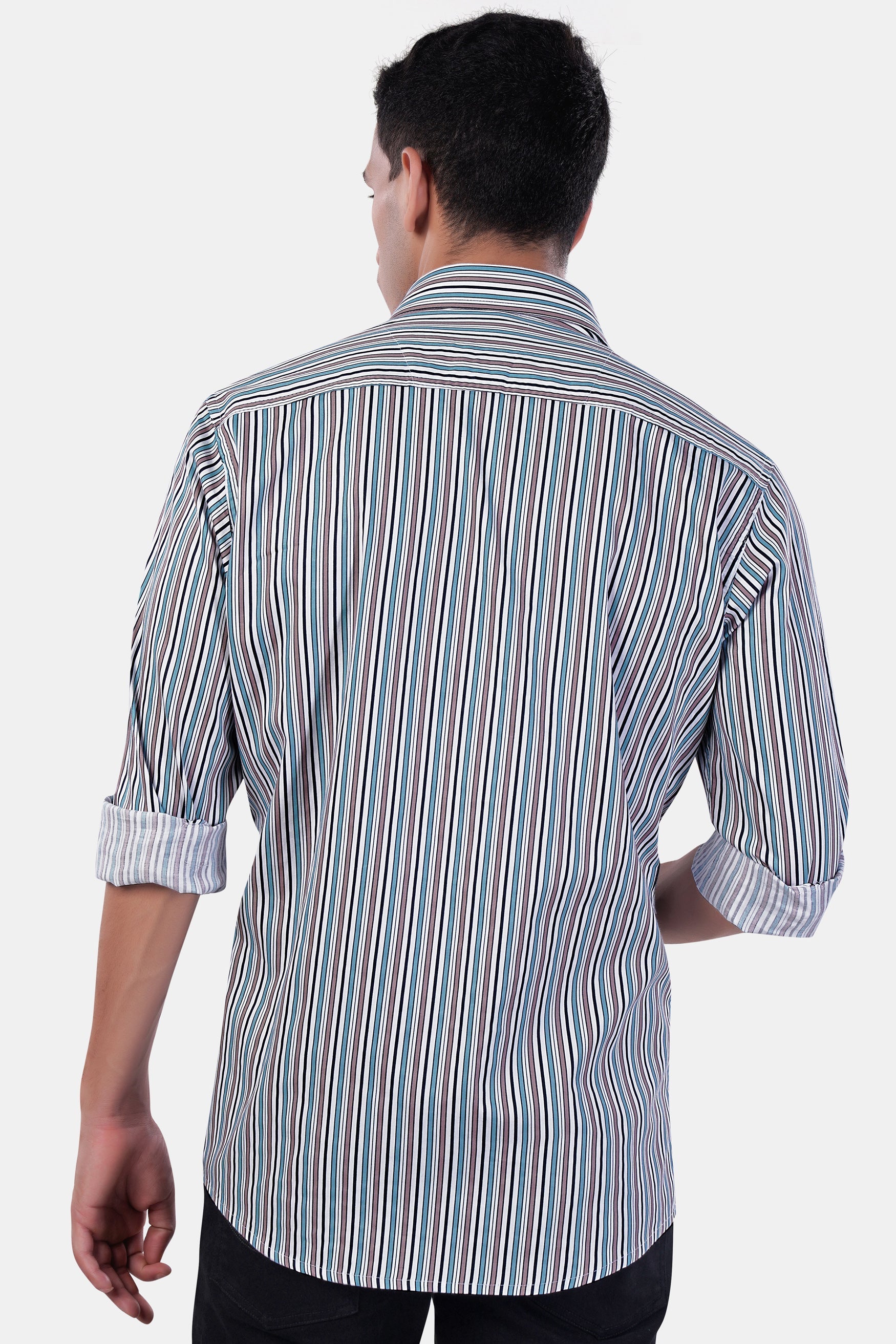 7swords-Opium Brown with White and Wedgewood Blue Multicolour Striped Premium Cotton Shirt