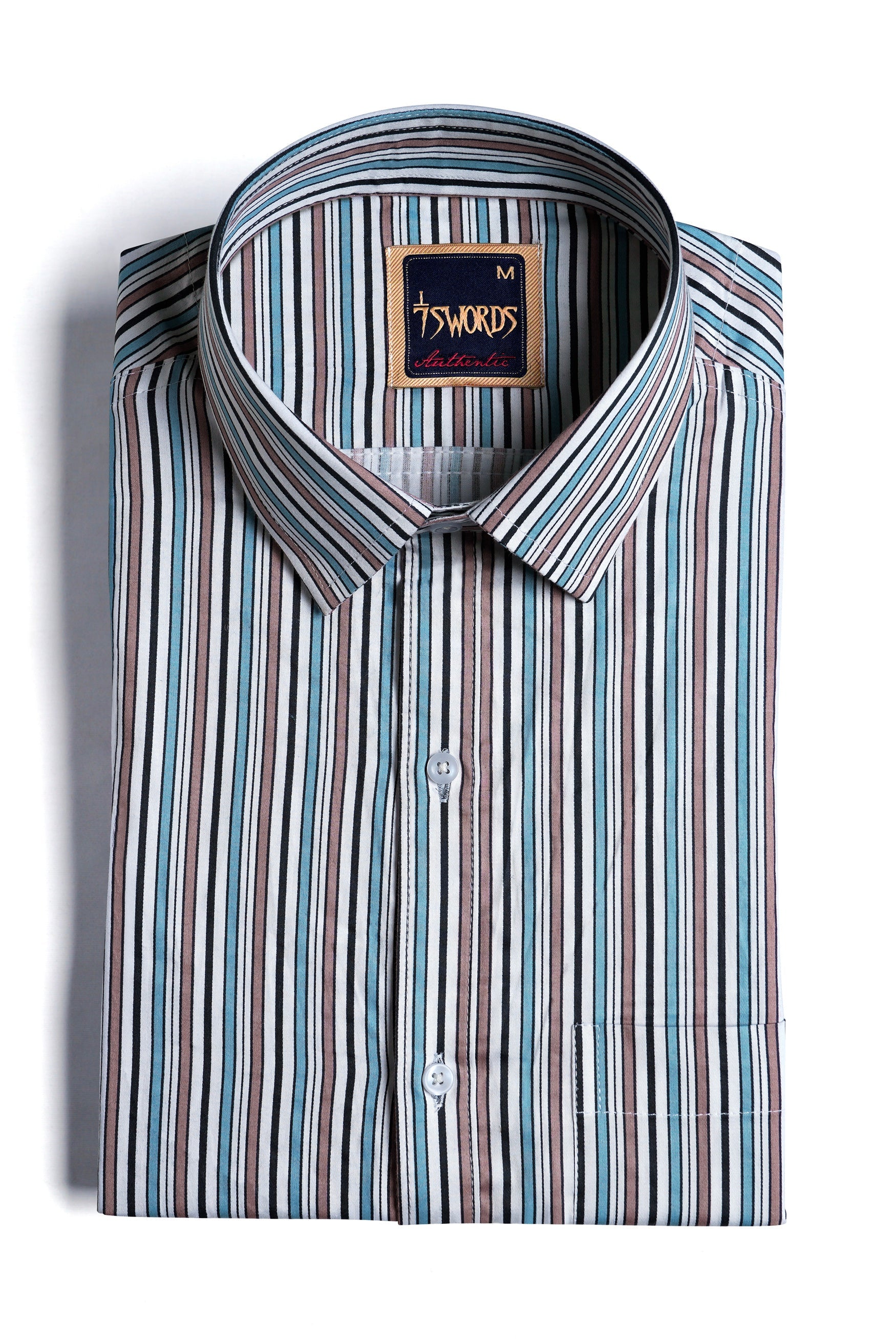 7swords-Opium Brown with White and Wedgewood Blue Multicolour Striped Premium Cotton Shirt