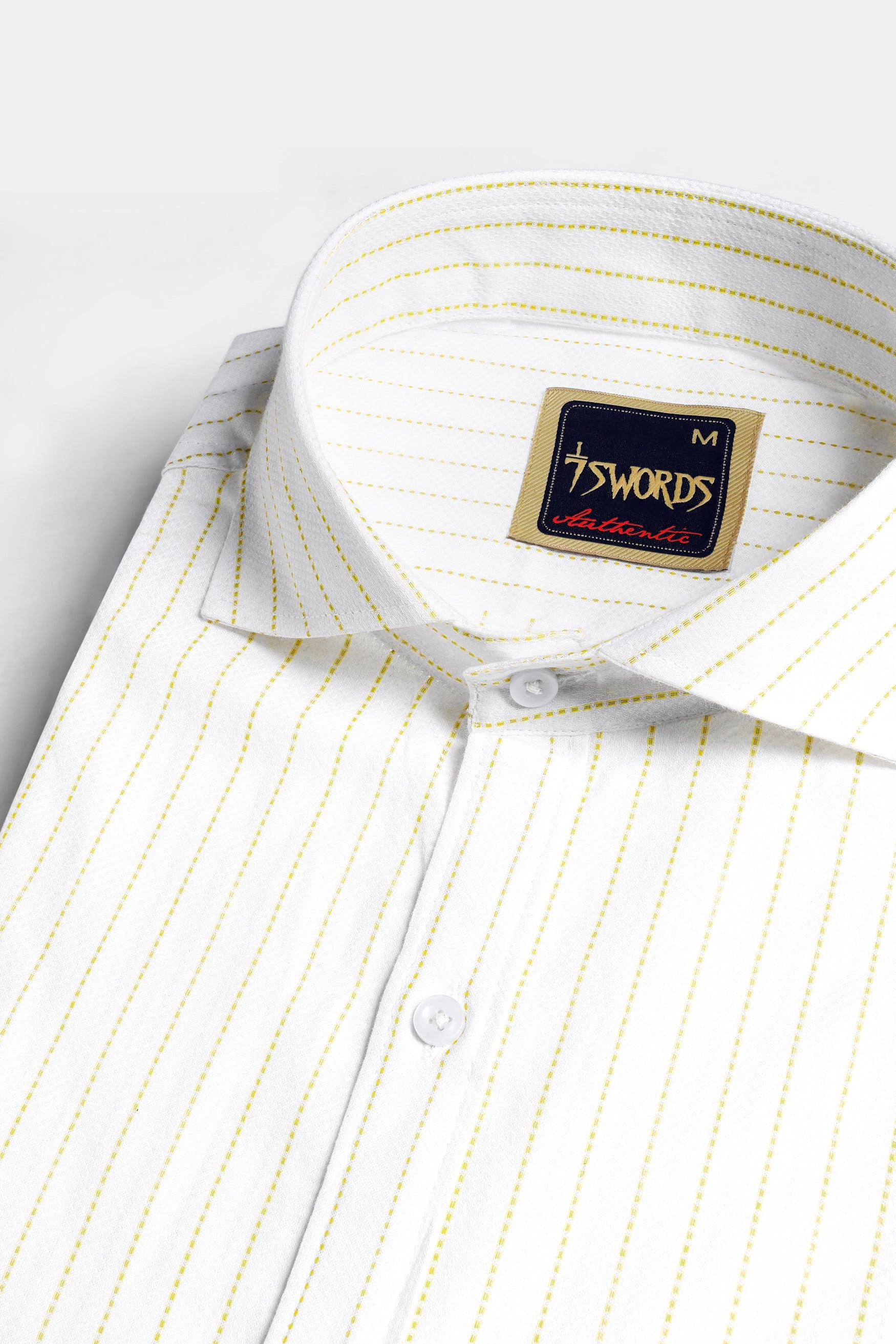 7swords-Bright White and Sandy Yellow Striped Premium Cotton Shirt