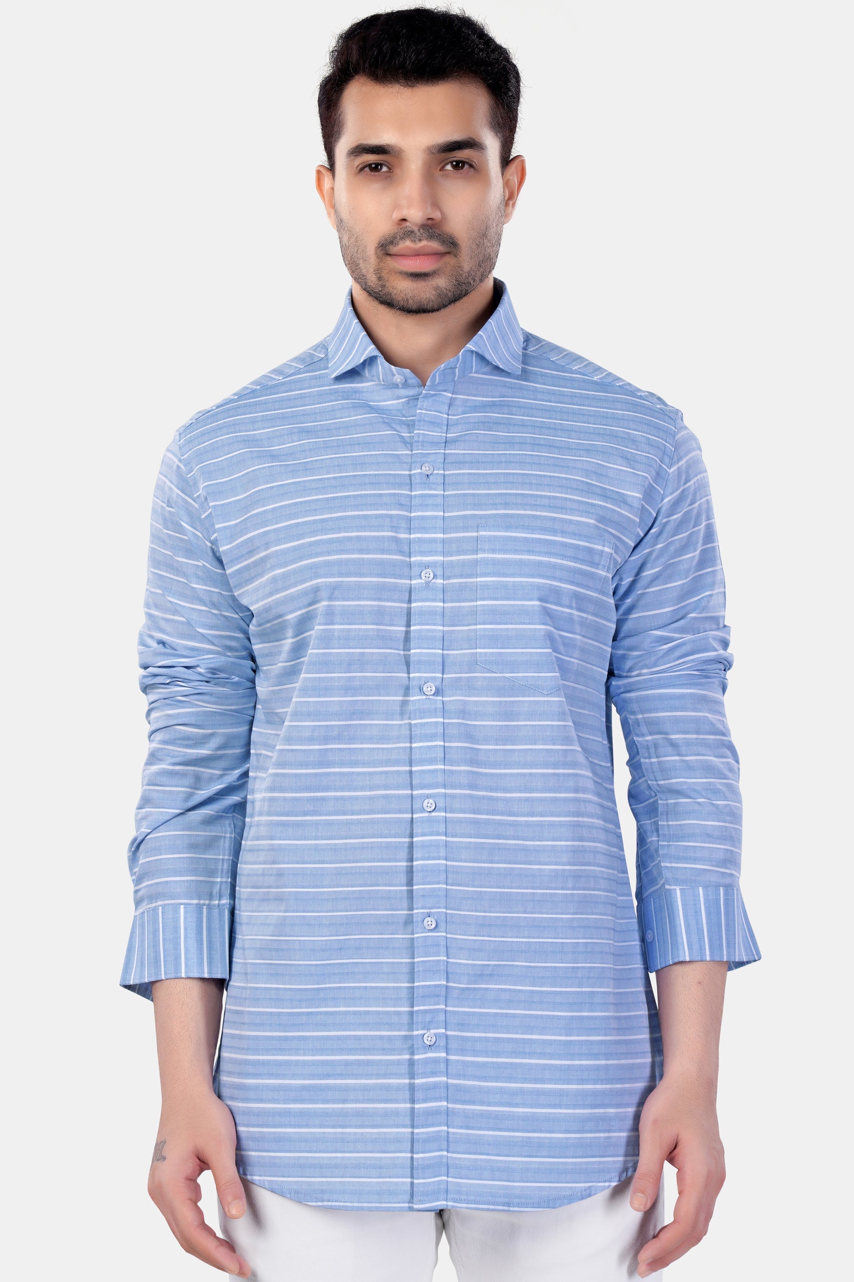 7swords-Polo Blue and White Striped Premium Cotton Shirt