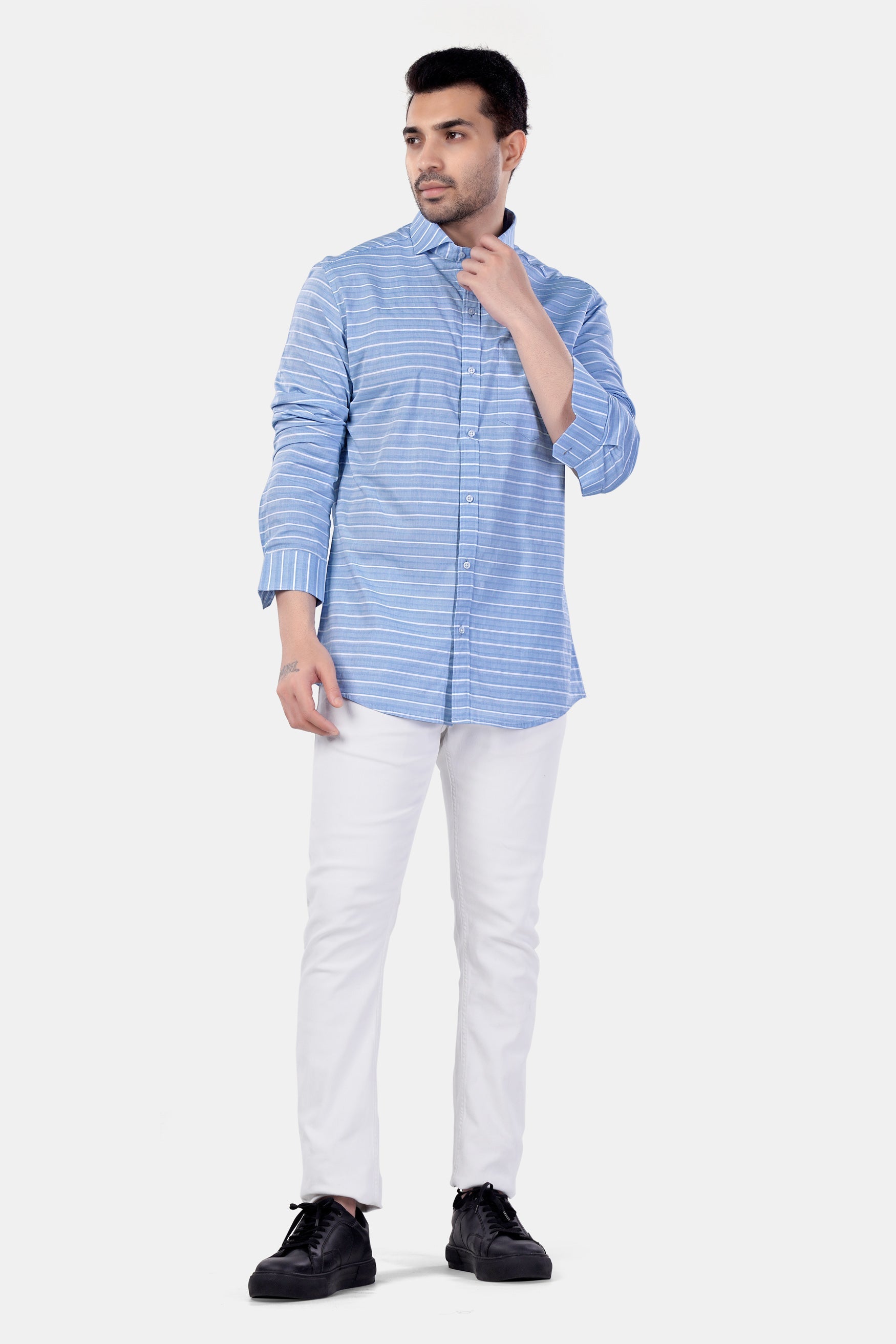 7swords-Polo Blue and White Striped Premium Cotton Shirt