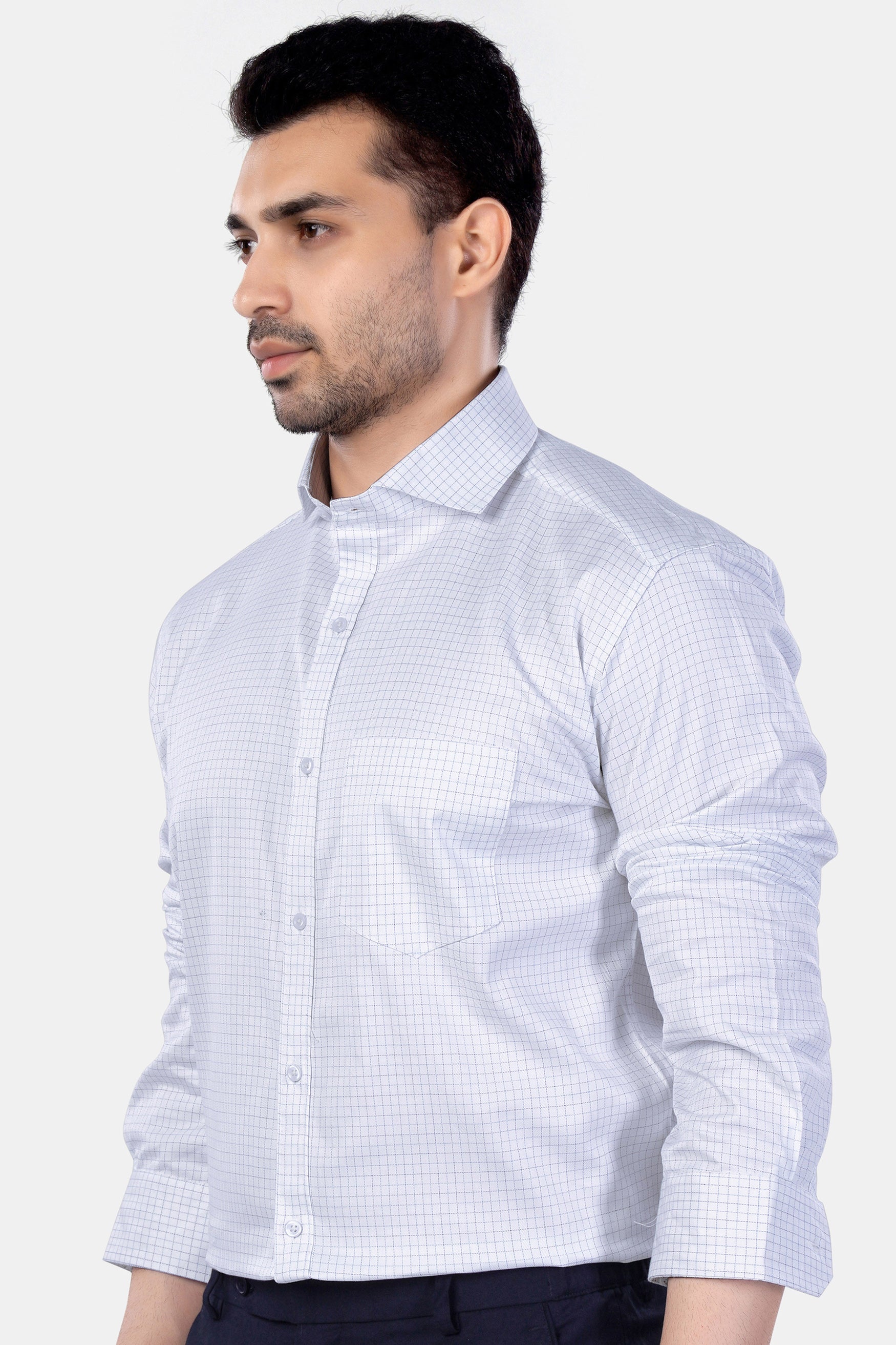 7swords-Bright White and Cloud Burst Blue Checkered Premium Cotton Shirt