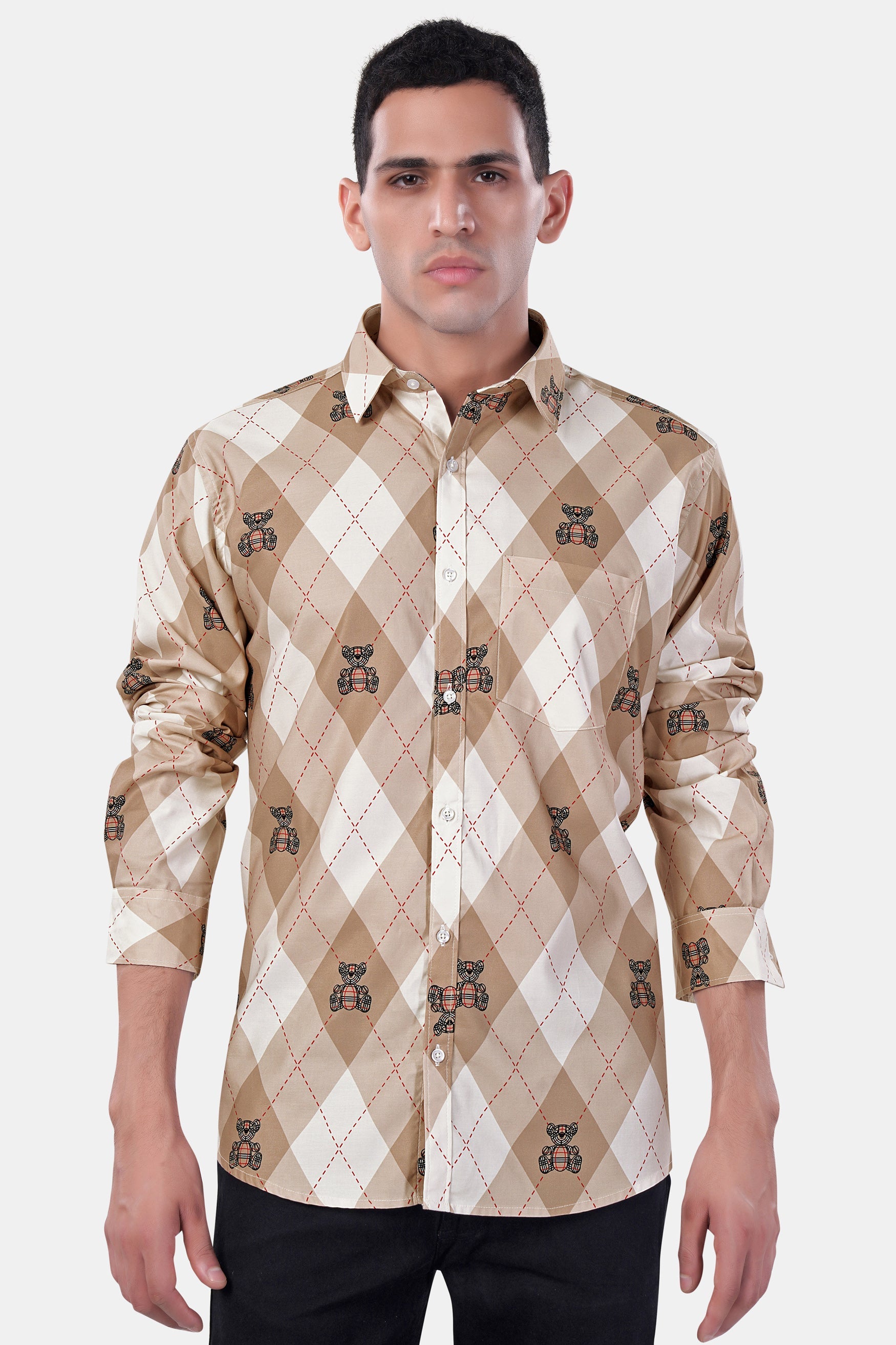 7swords-Beaver Brown and White Geometric with Teddy Bear Printed Premium Cotton Shirt