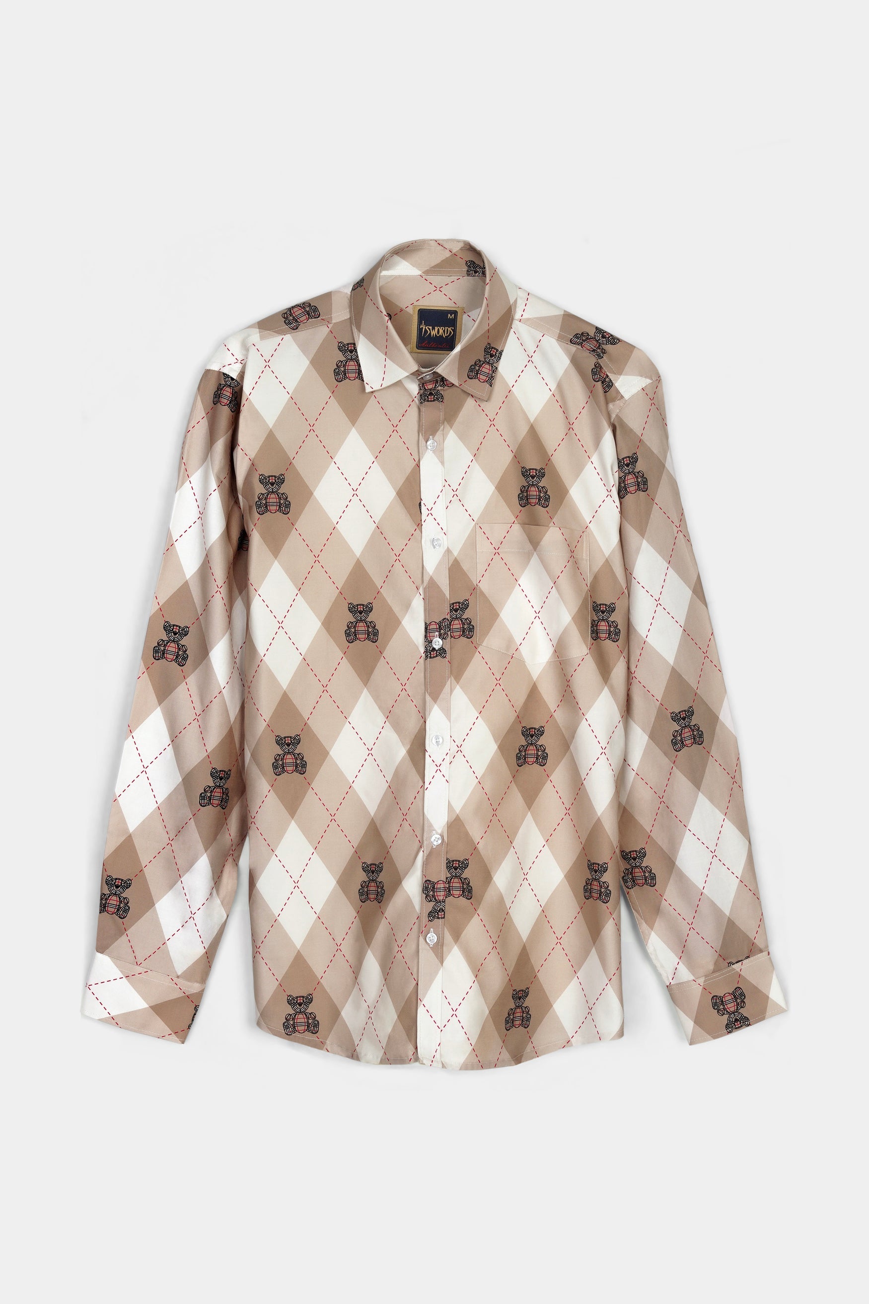 7swords-Beaver Brown and White Geometric with Teddy Bear Printed Premium Cotton Shirt