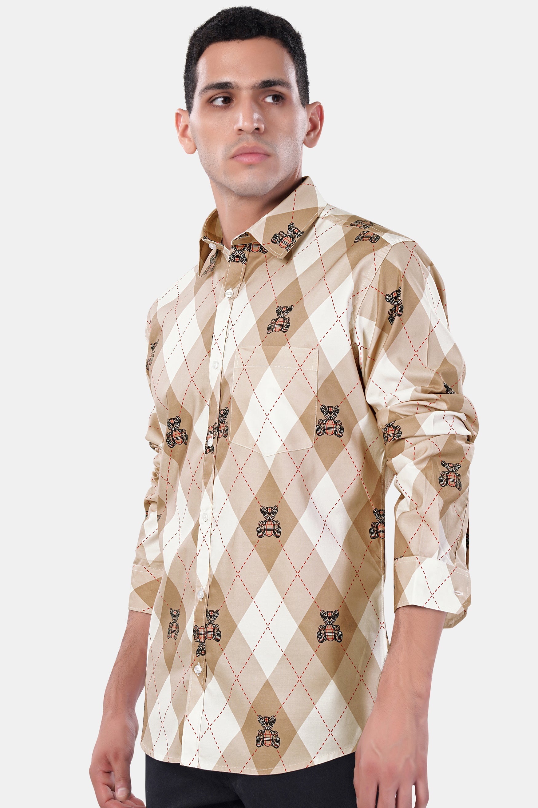 7swords-Beaver Brown and White Geometric with Teddy Bear Printed Premium Cotton Shirt