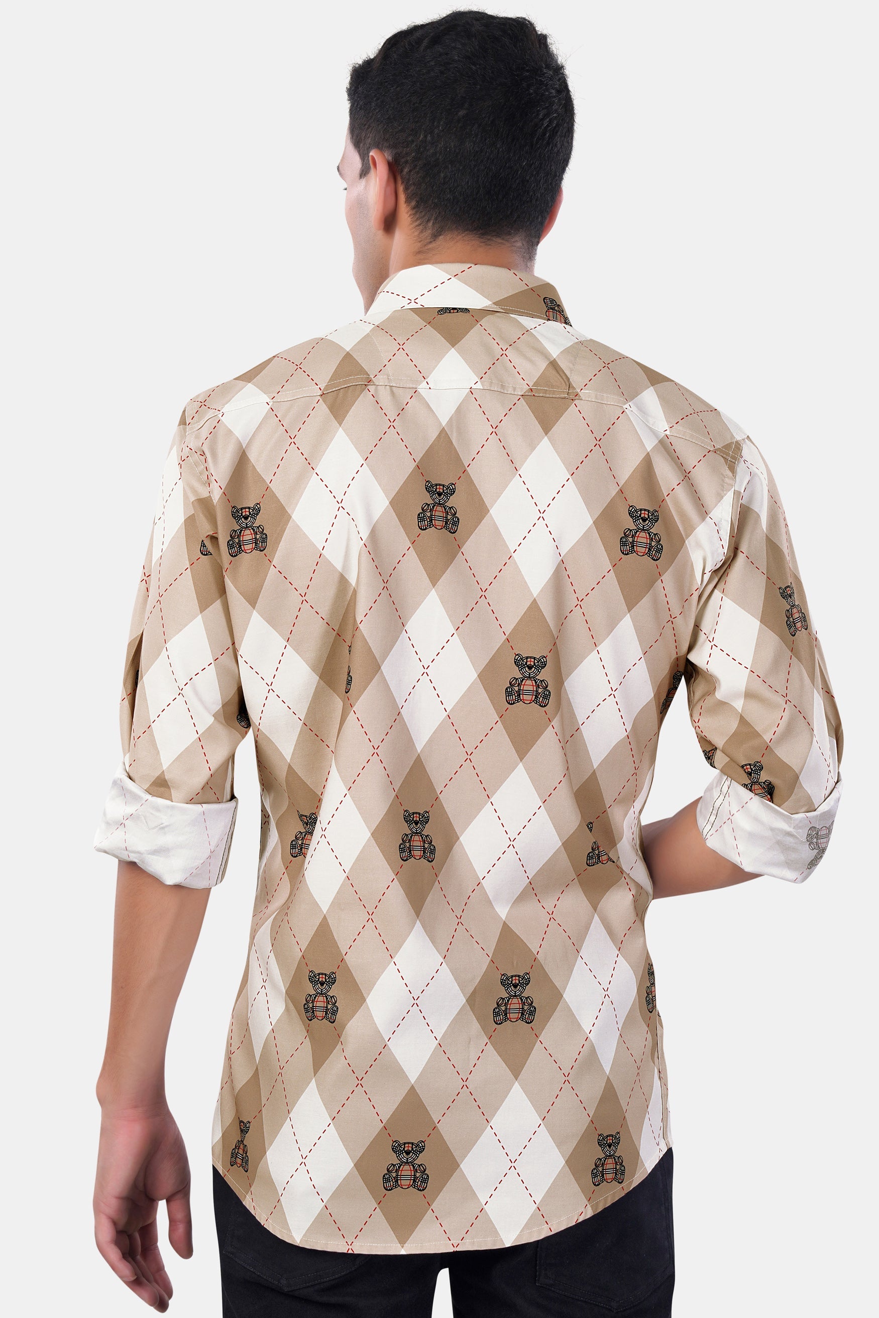 7swords-Beaver Brown and White Geometric with Teddy Bear Printed Premium Cotton Shirt