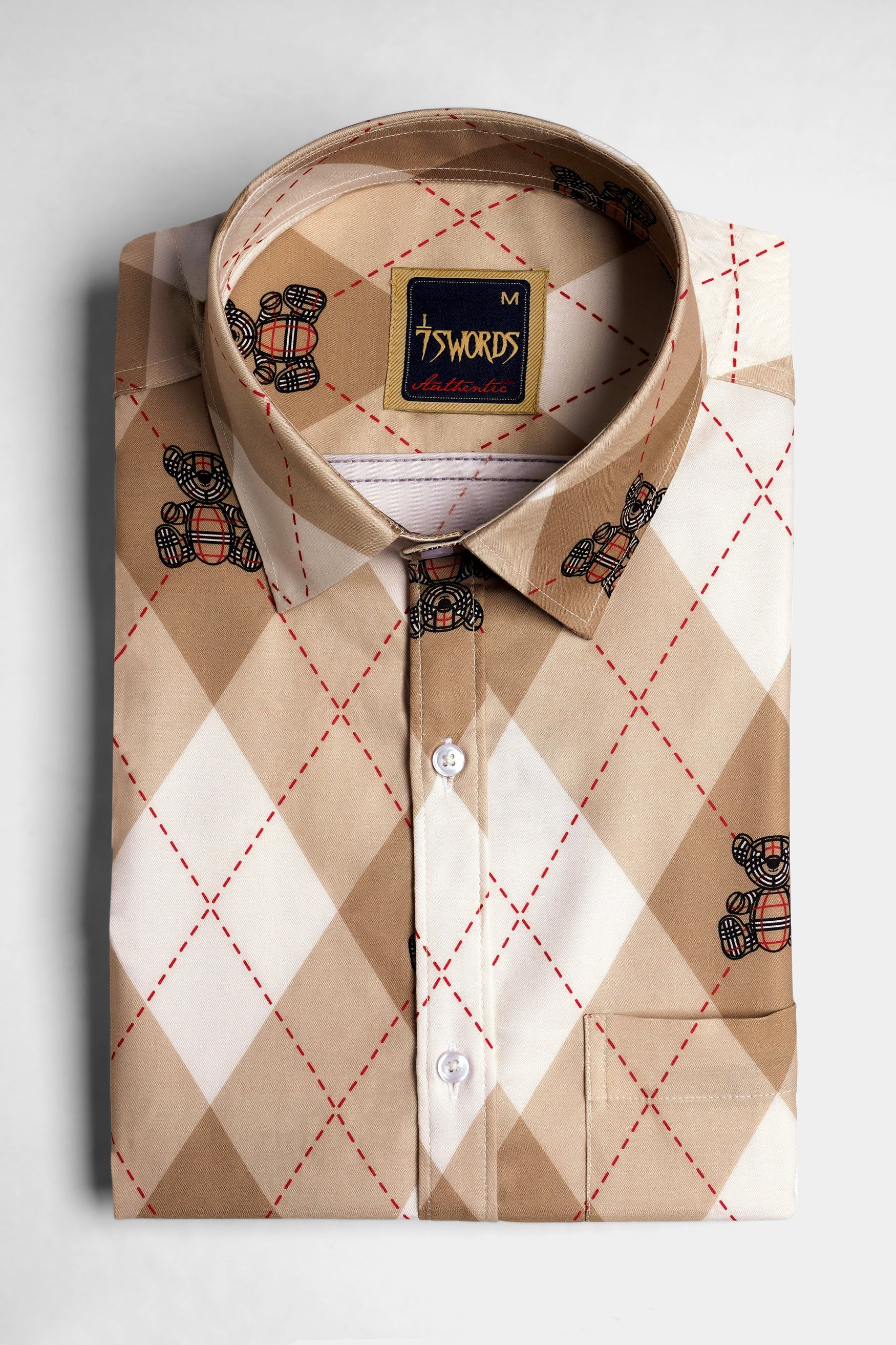 7swords-Beaver Brown and White Geometric with Teddy Bear Printed Premium Cotton Shirt