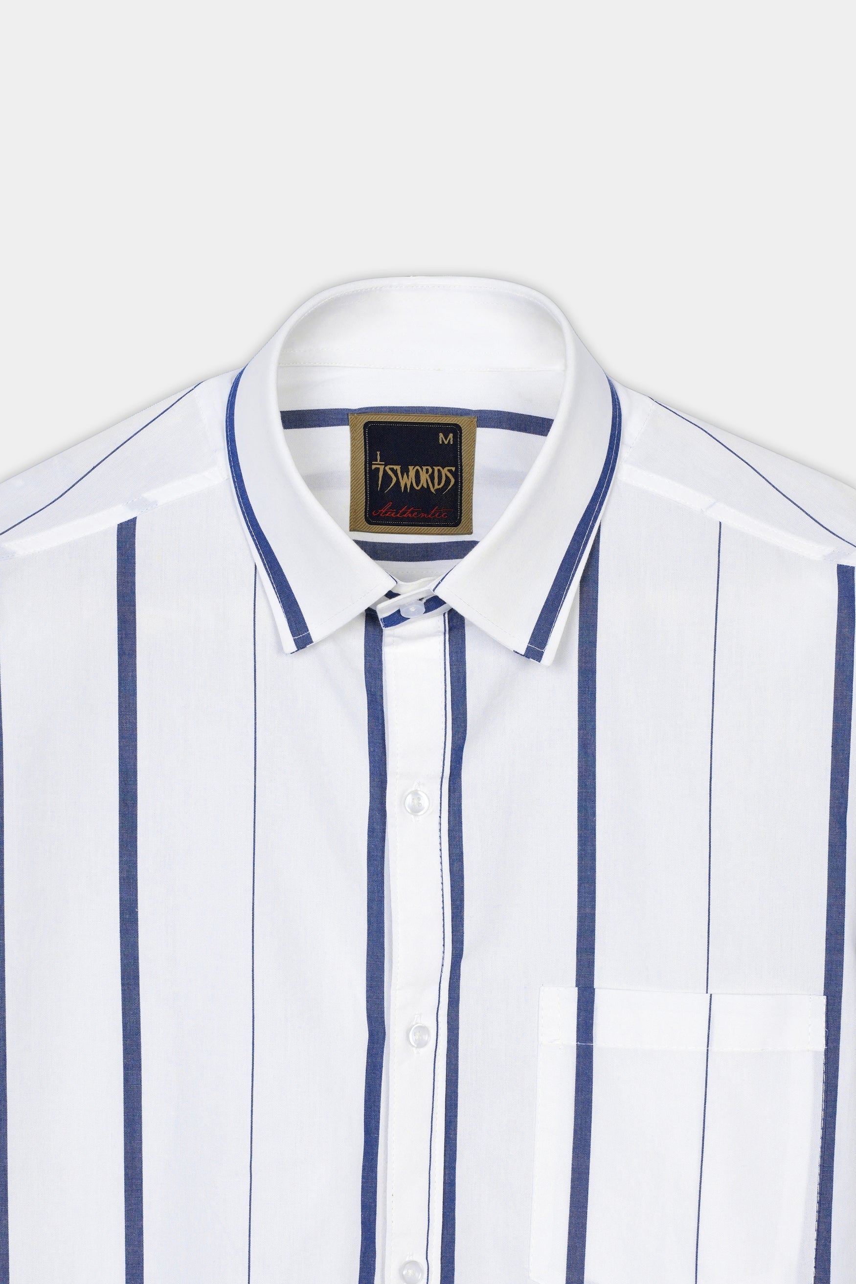 7swords-Bright White and Dusky Blue Striped Premium Cotton Shirt