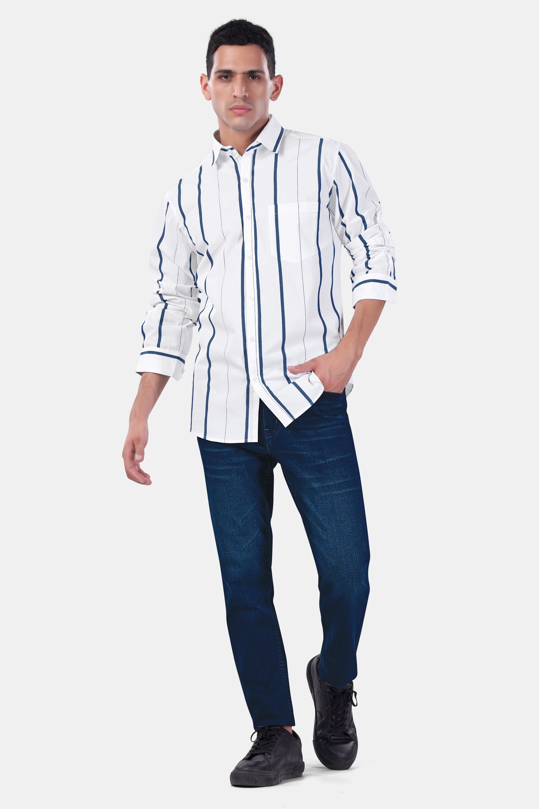 7swords-Bright White and Dusky Blue Striped Premium Cotton Shirt