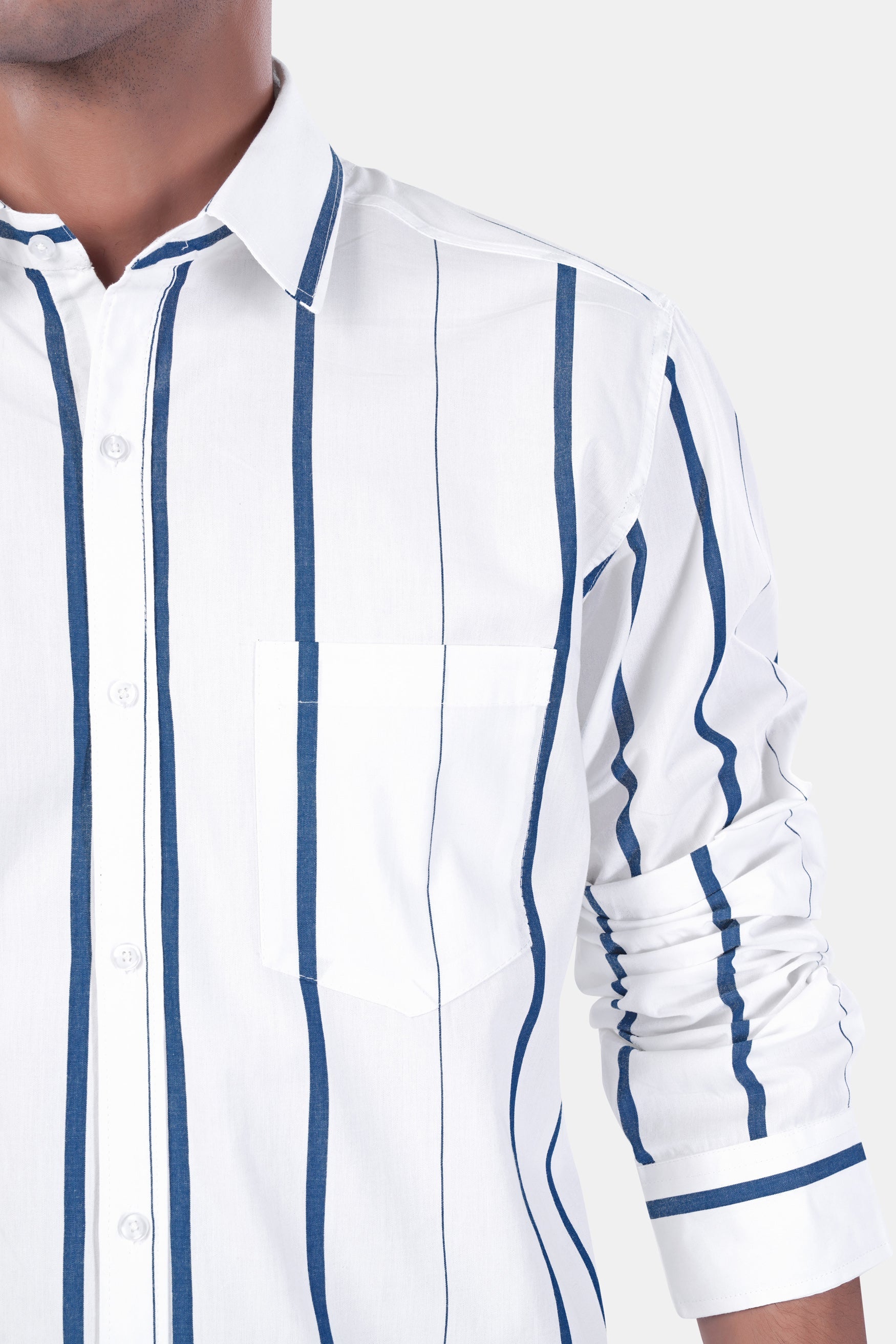 7swords-Bright White and Dusky Blue Striped Premium Cotton Shirt