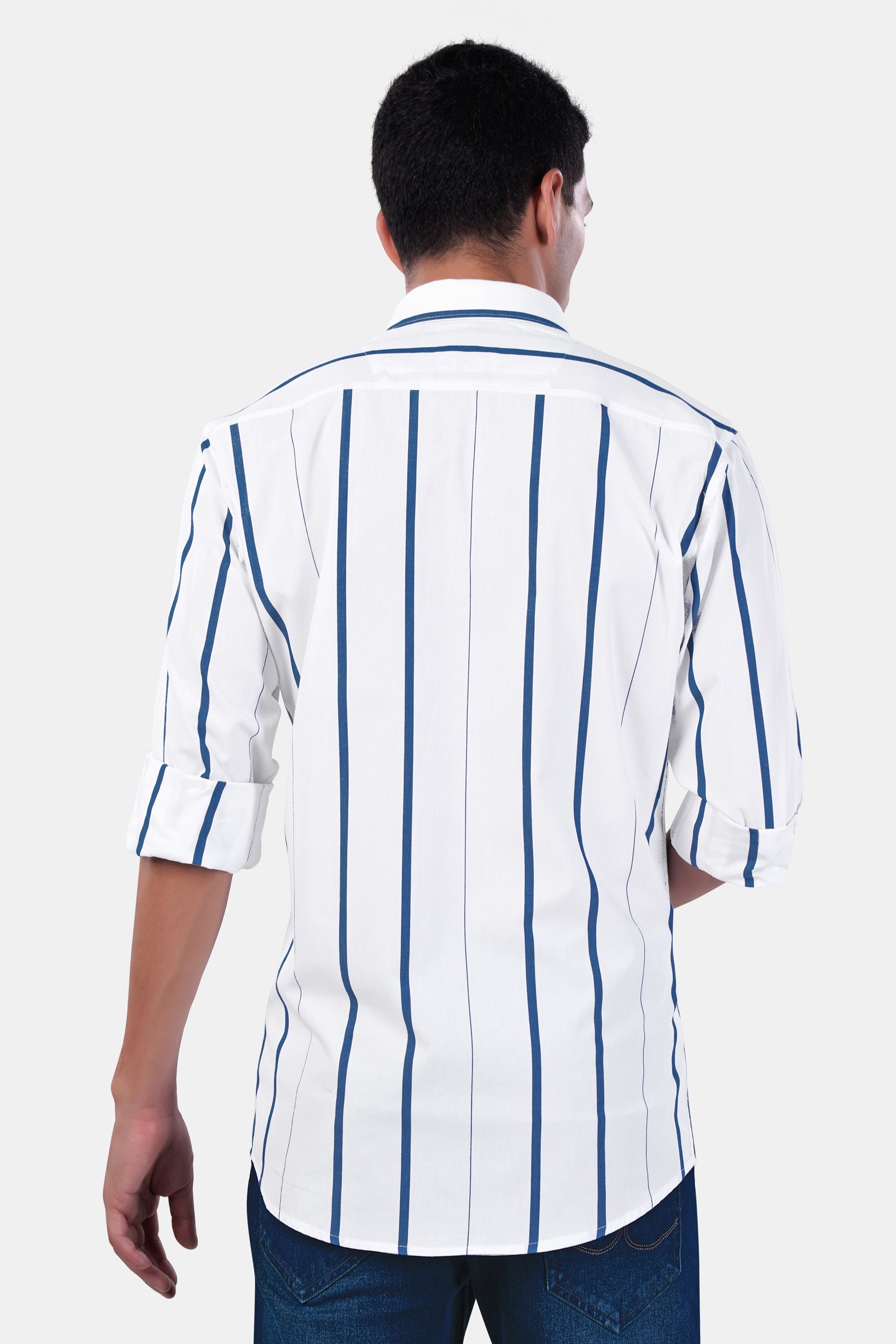 7swords-Bright White and Dusky Blue Striped Premium Cotton Shirt