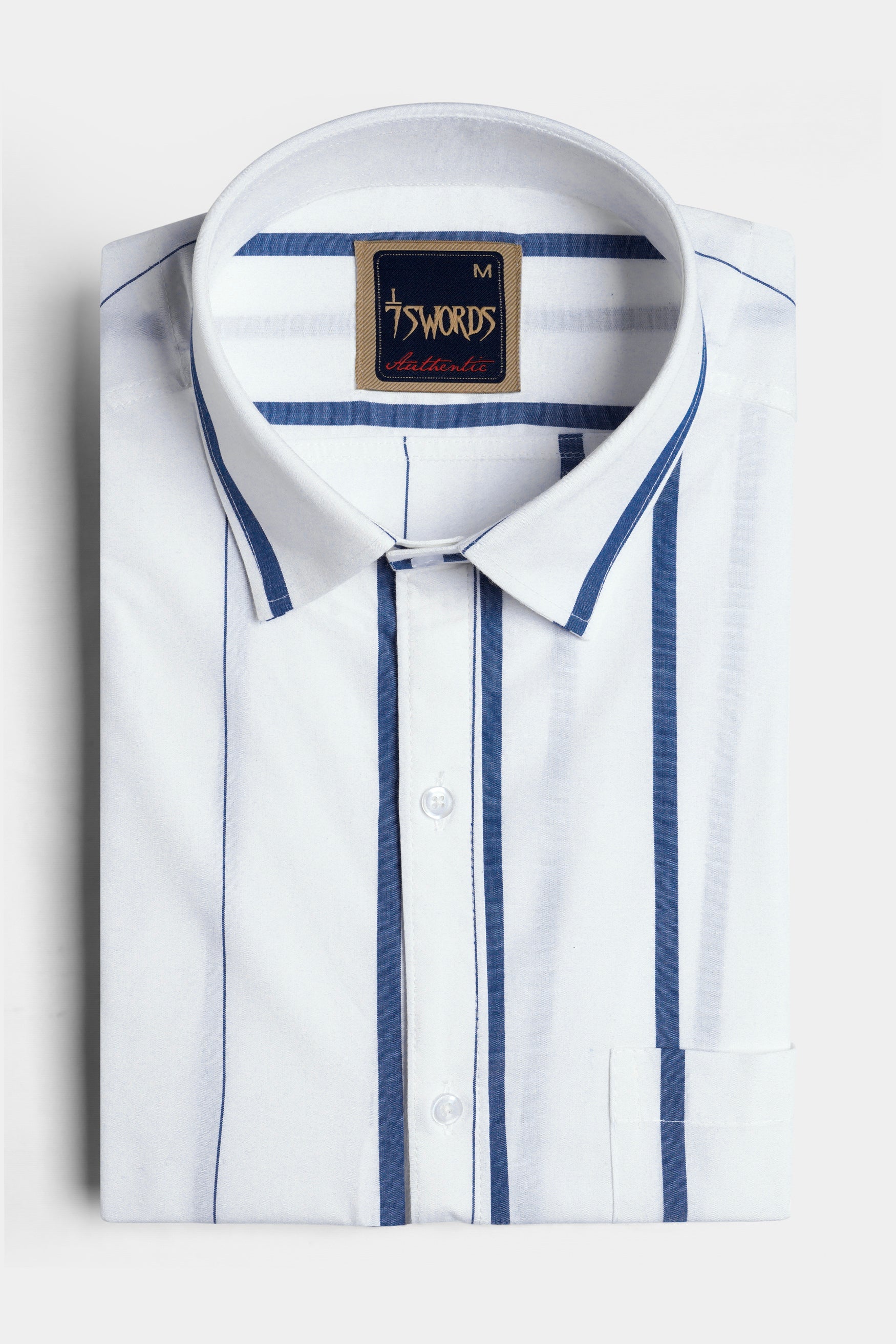 7swords-Bright White and Dusky Blue Striped Premium Cotton Shirt