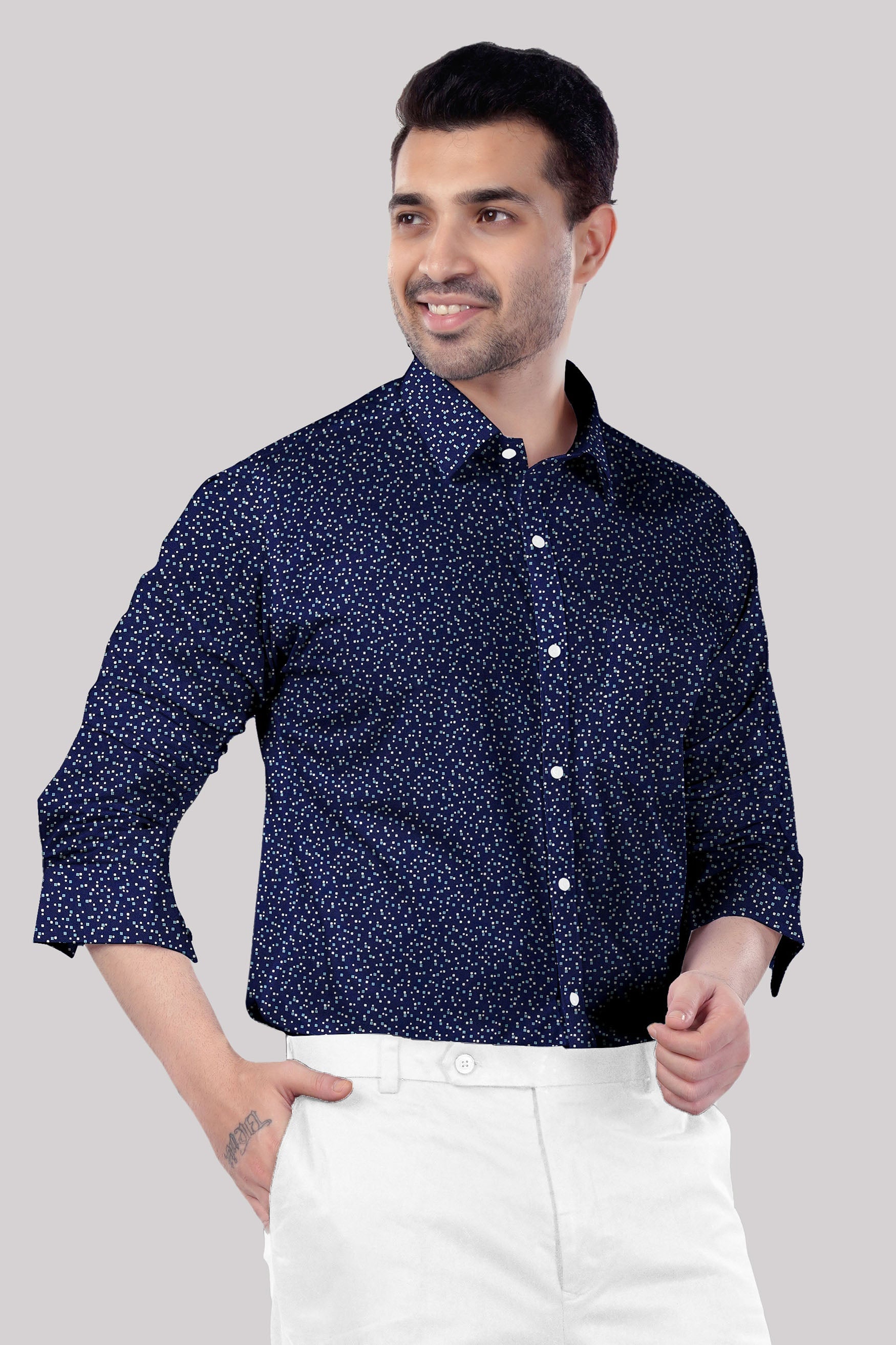 7swords-Ebony Clay Blue Microprinted Premium Cotton Mandarin Shirt