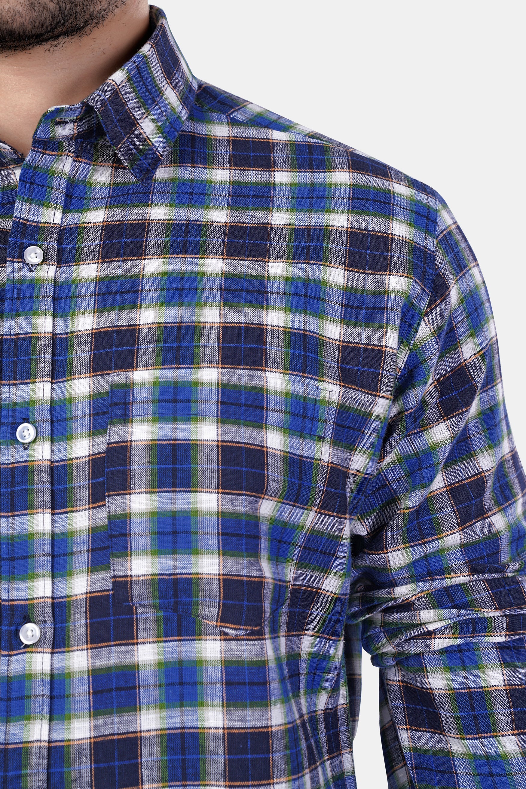 7swords-Haiti Blue with Azure Blue and White Plaid Premium Cotton Shirt