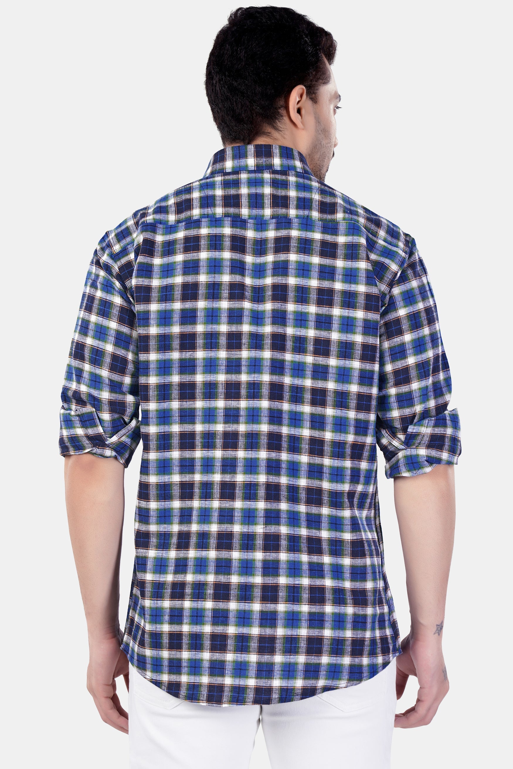 7swords-Haiti Blue with Azure Blue and White Plaid Premium Cotton Shirt