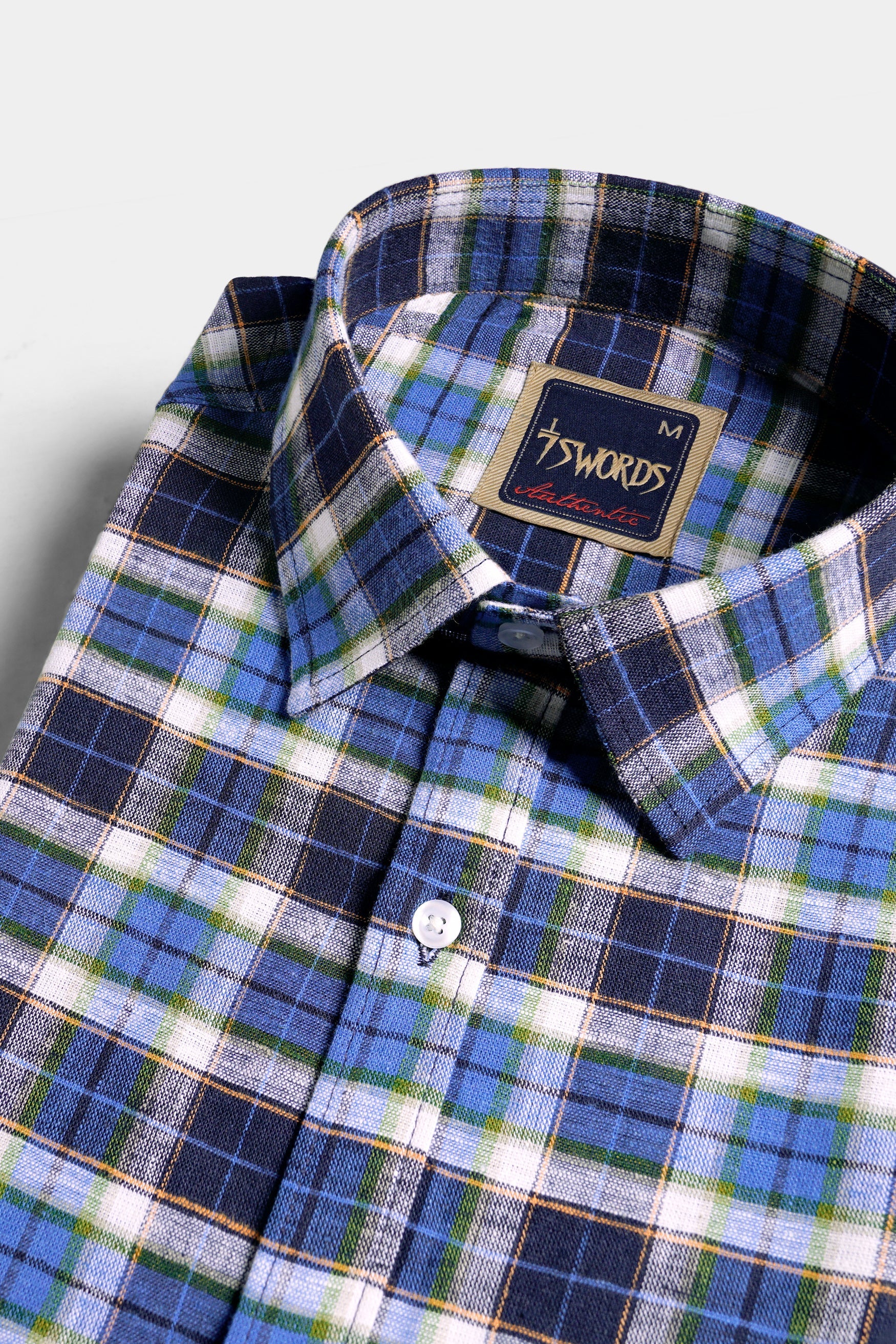 7swords-Haiti Blue with Azure Blue and White Plaid Premium Cotton Shirt