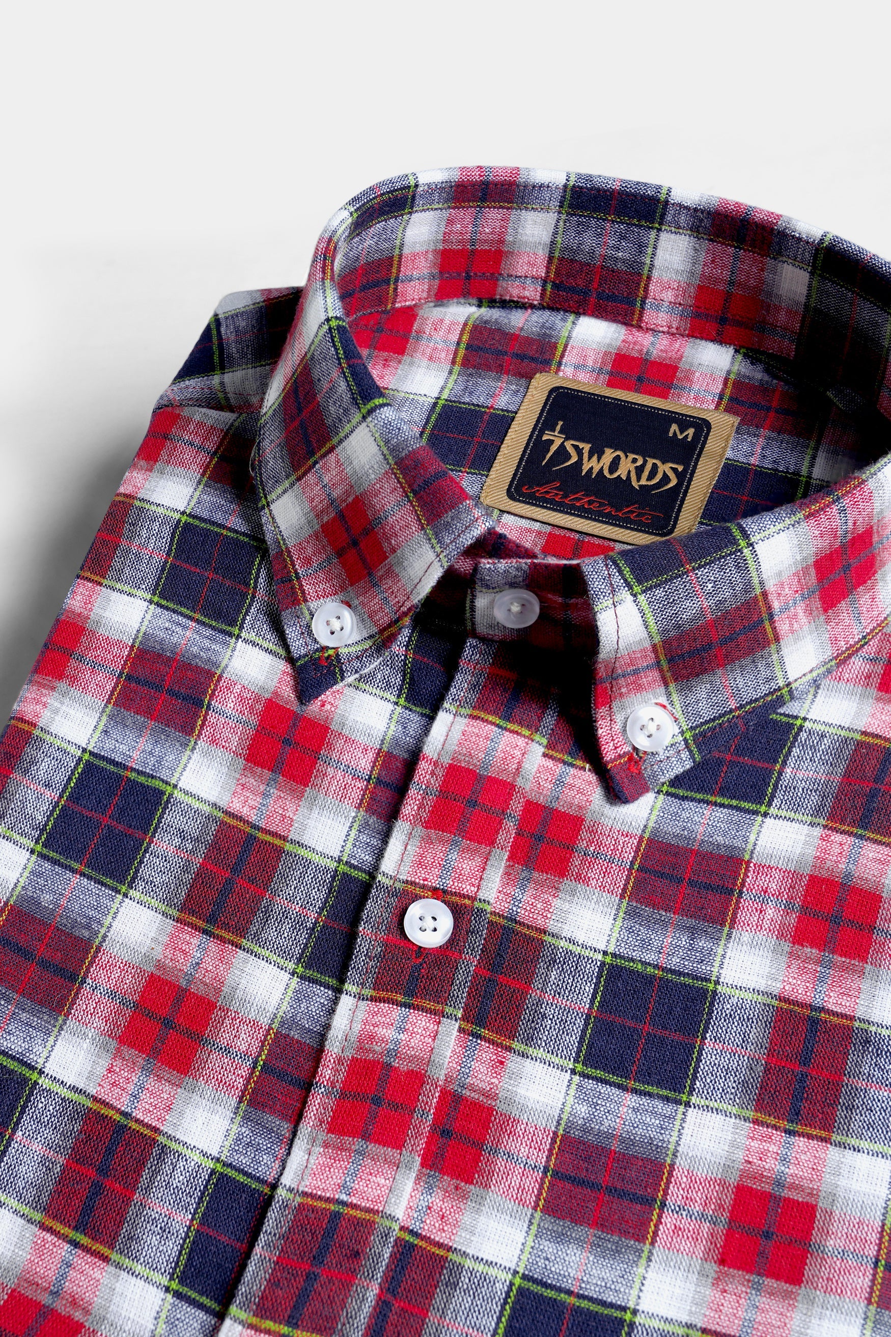 7swords-Midnight Blue with Firebrick Red and White Plaid Premium Cotton Shirt