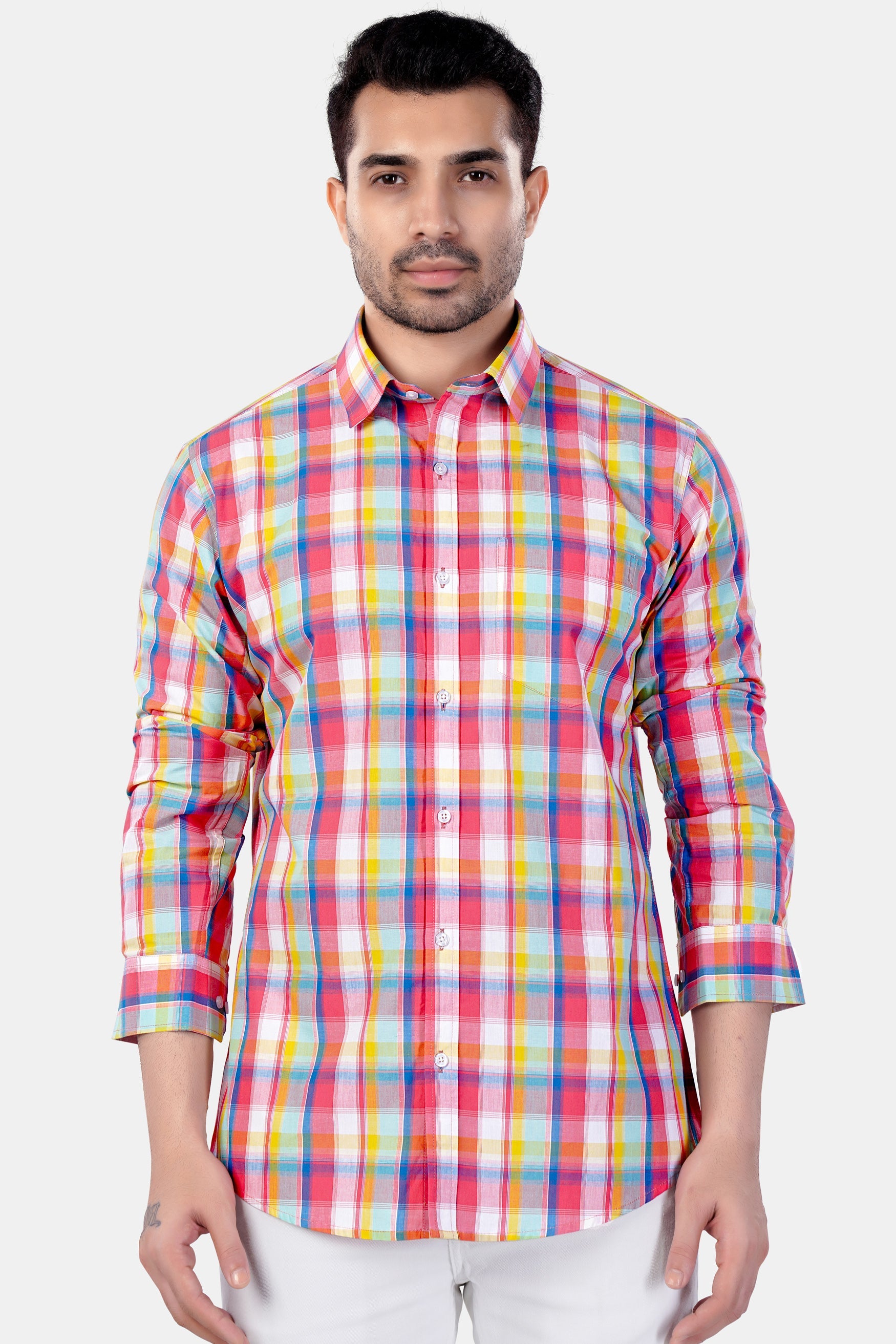 7swords-Mandy Pink with Sienna Orange and Glacier Blue Plaid Premium Cotton Shirt