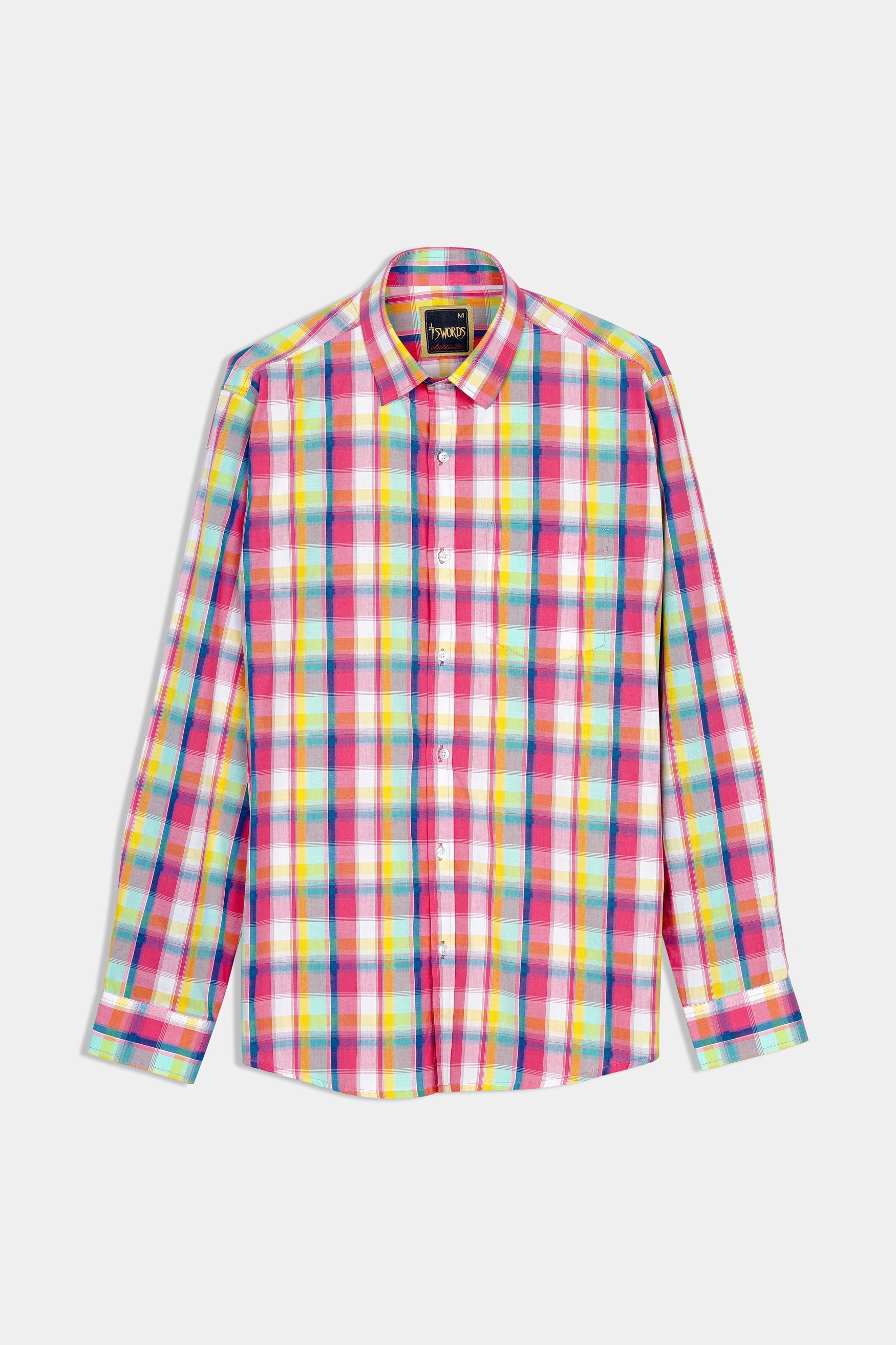 7swords-Mandy Pink with Sienna Orange and Glacier Blue Plaid Premium Cotton Shirt