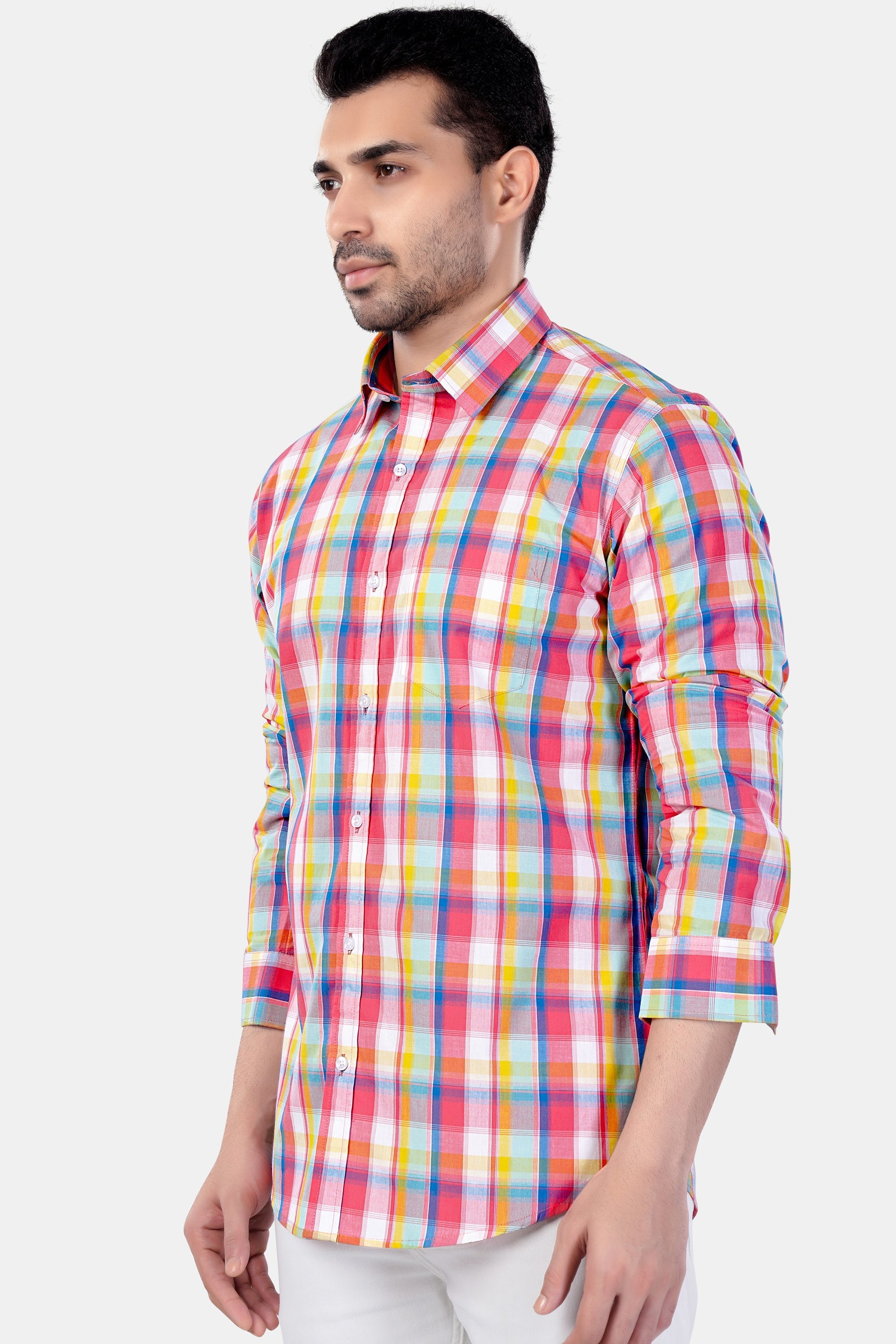 7swords-Mandy Pink with Sienna Orange and Glacier Blue Plaid Premium Cotton Shirt