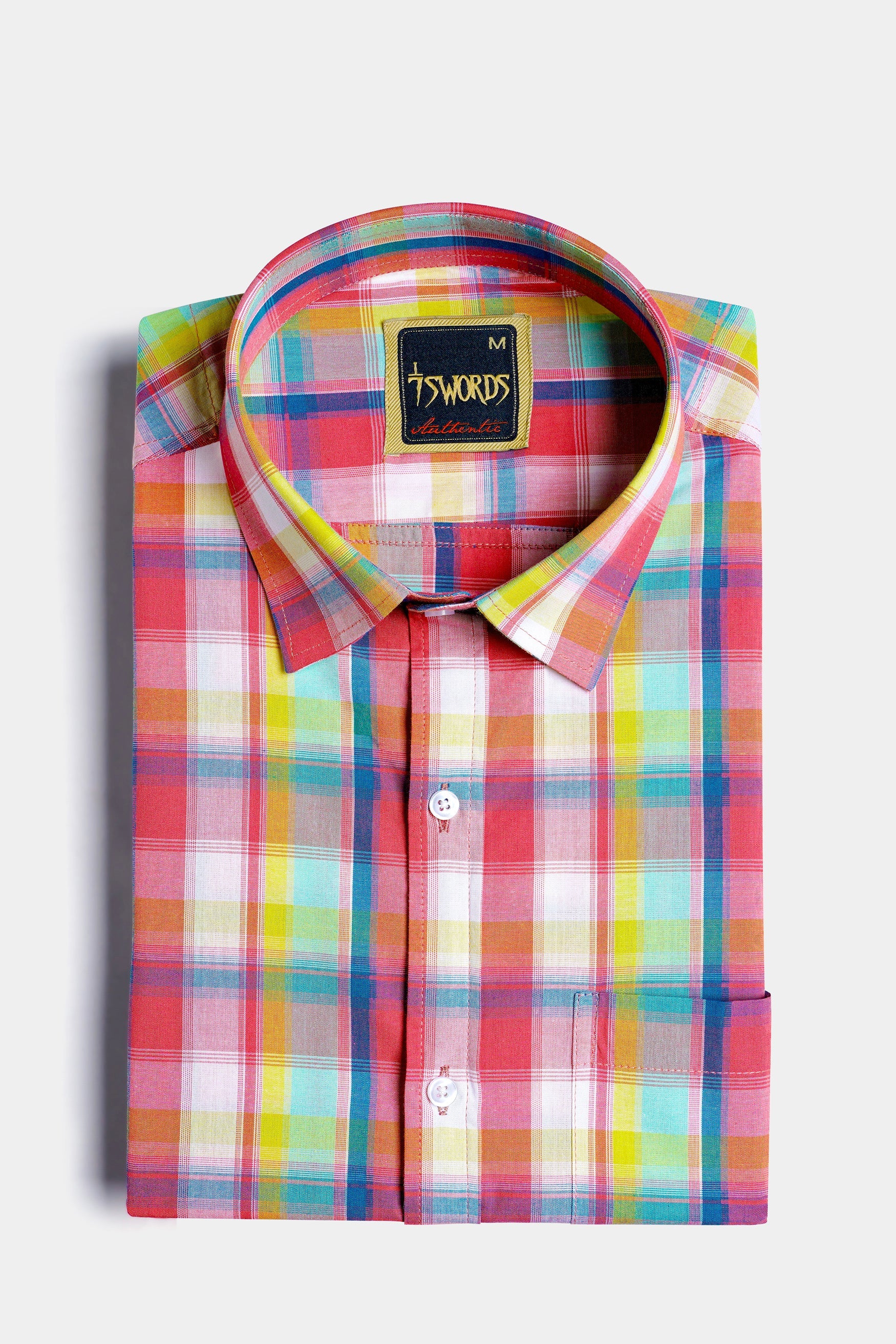 7swords-Mandy Pink with Sienna Orange and Glacier Blue Plaid Premium Cotton Shirt