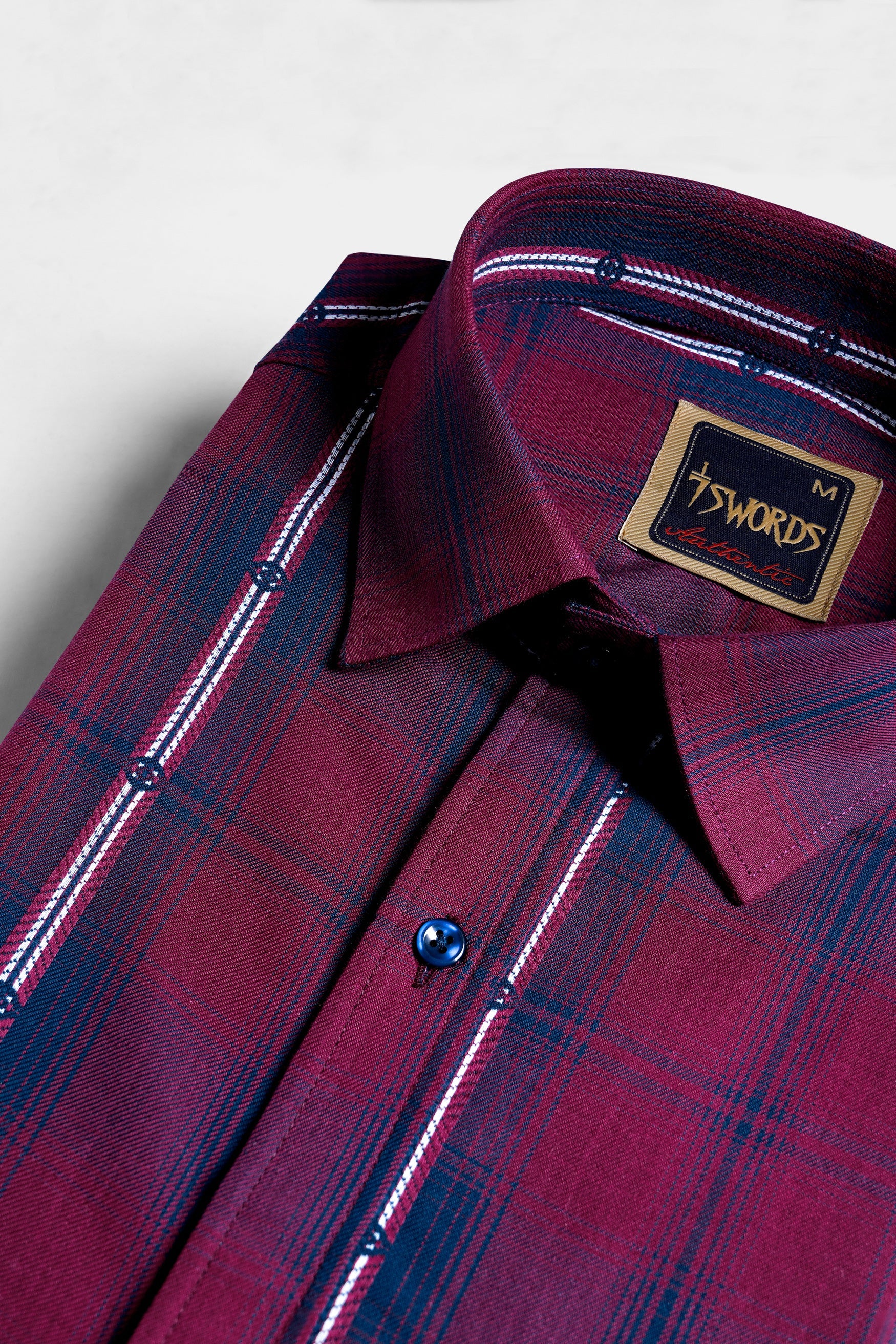 7swords-Pansy Maroon and Ebony Clay Blue Plaid Premium Cotton Shirt