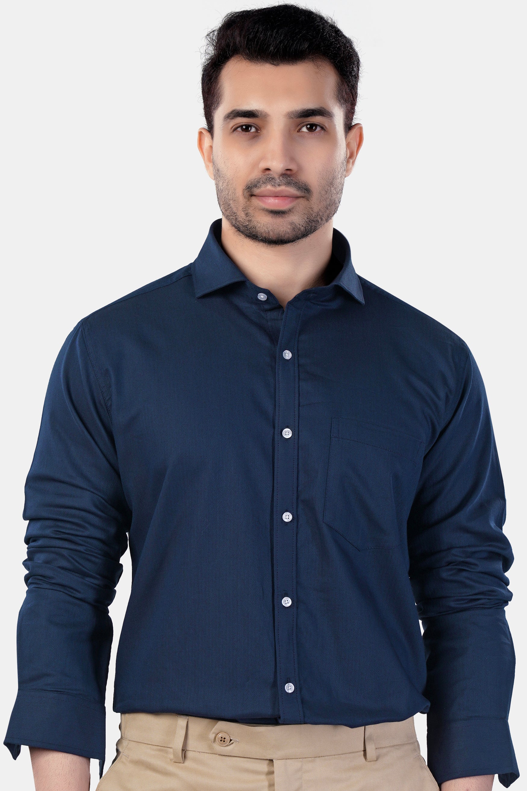 7swords-Gable Blue Herringbone Pattern Premium Cotton Shirt