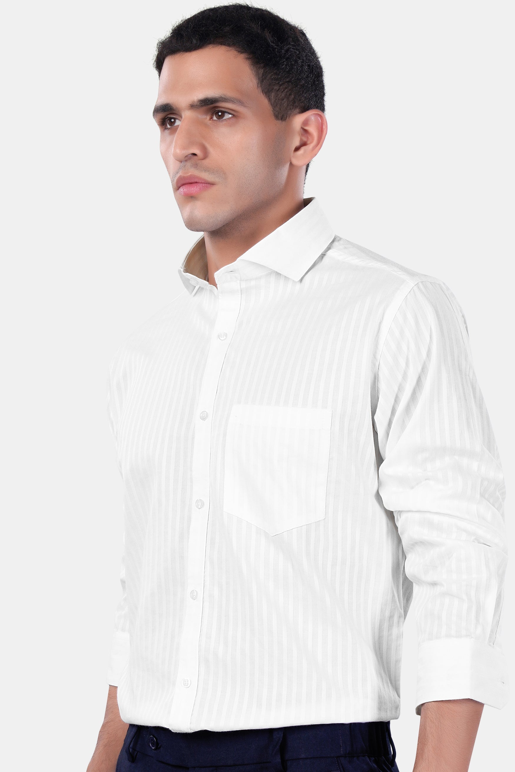 7swords-Bright White Striped Premium Cotton Shirt