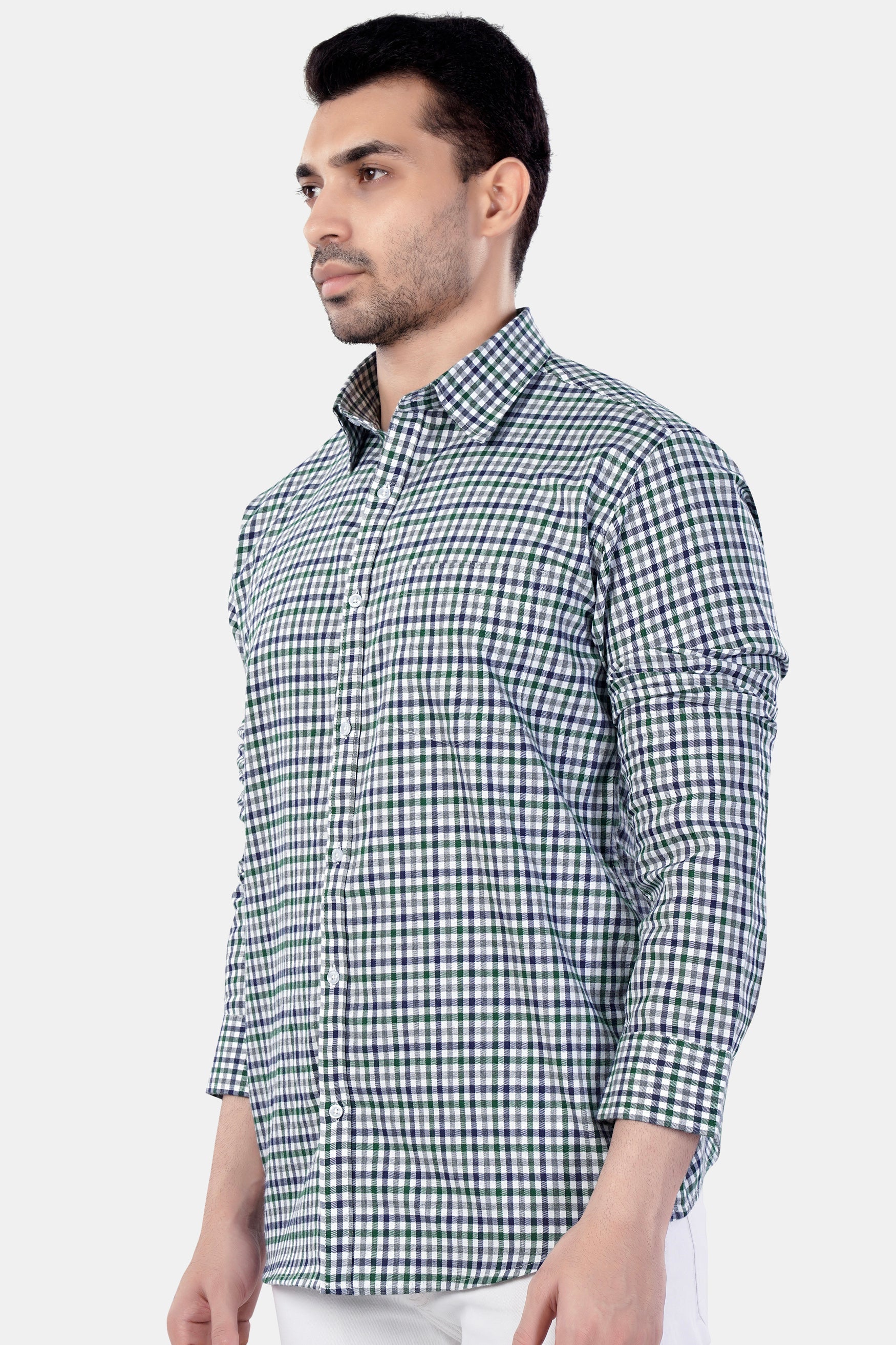 7swords-Bright White and Spruce Green Multi Color Checkered Premium Cotton Shirt