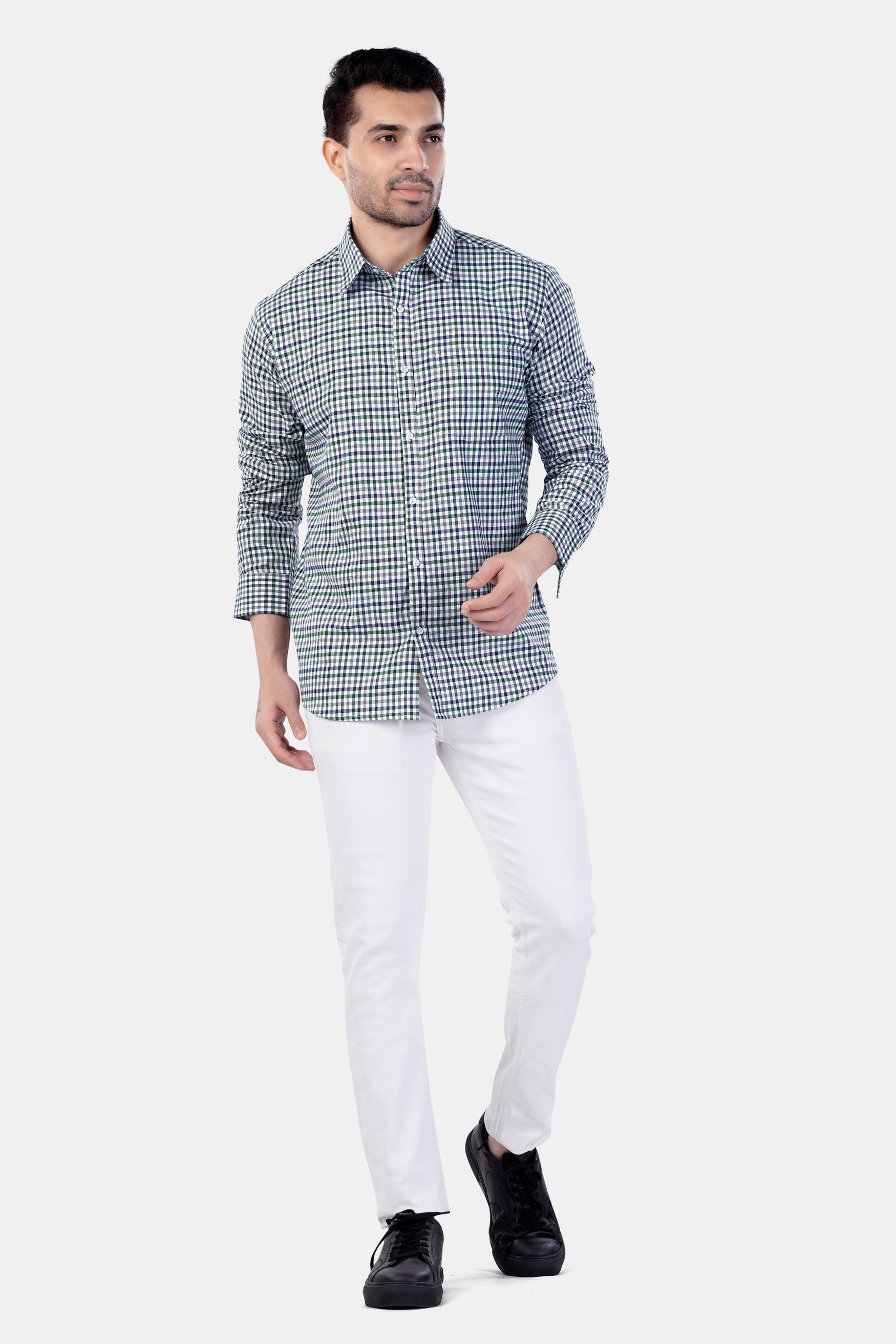 7swords-Bright White and Spruce Green Multi Color Checkered Premium Cotton Shirt