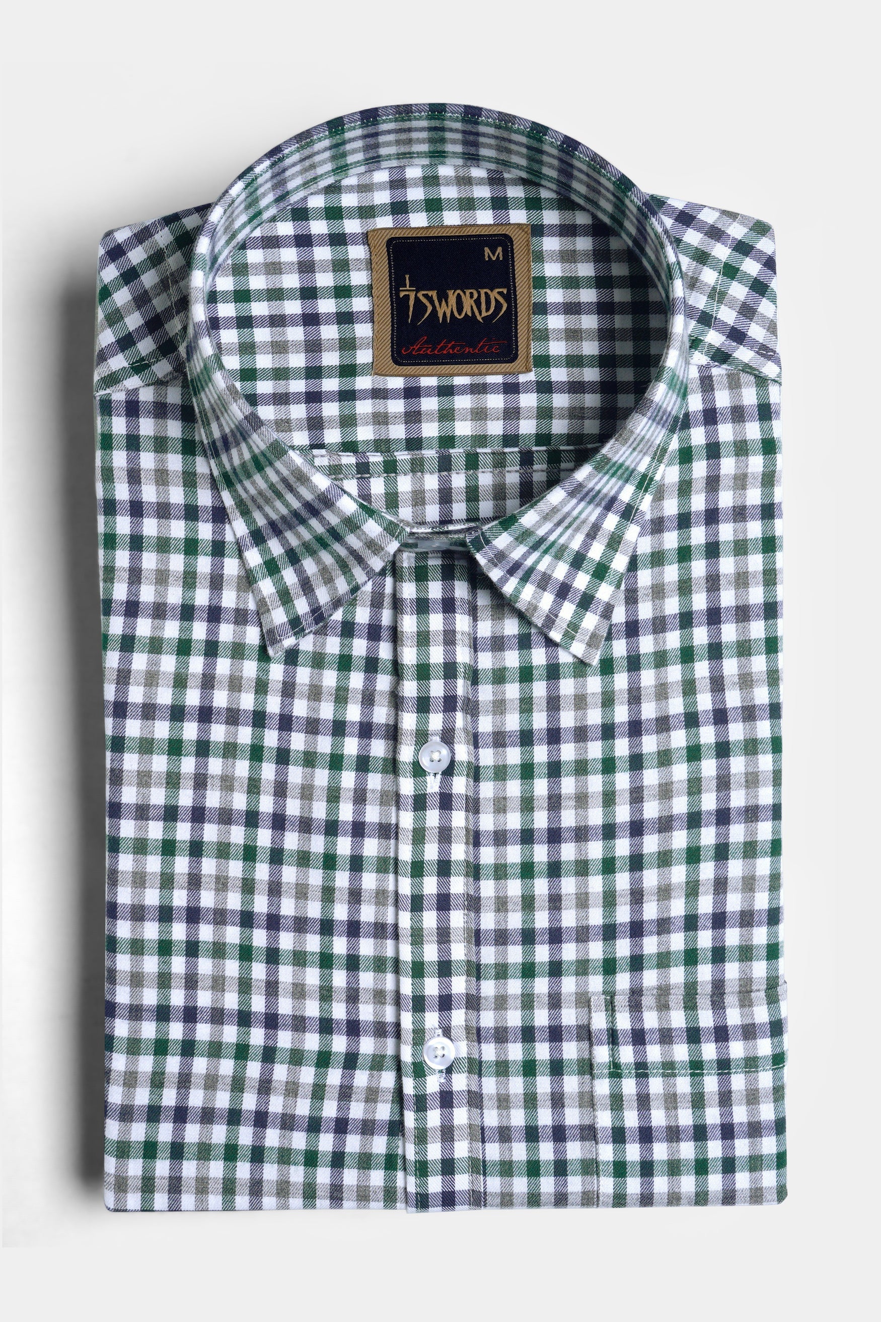 7swords-Bright White and Spruce Green Multi Color Checkered Premium Cotton Shirt