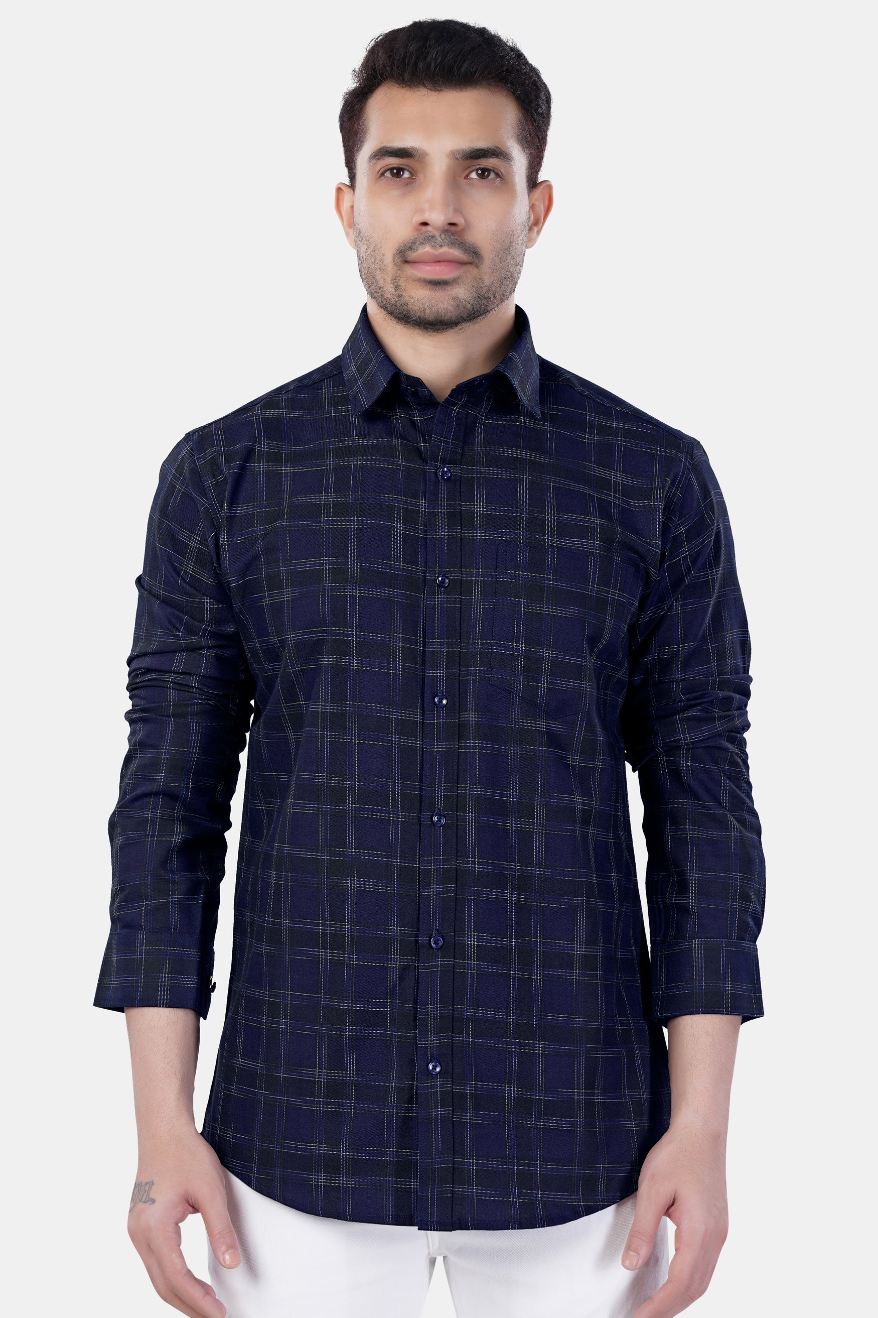 7swords-Cinder Blue and White Checkered Premium Cotton Shirt