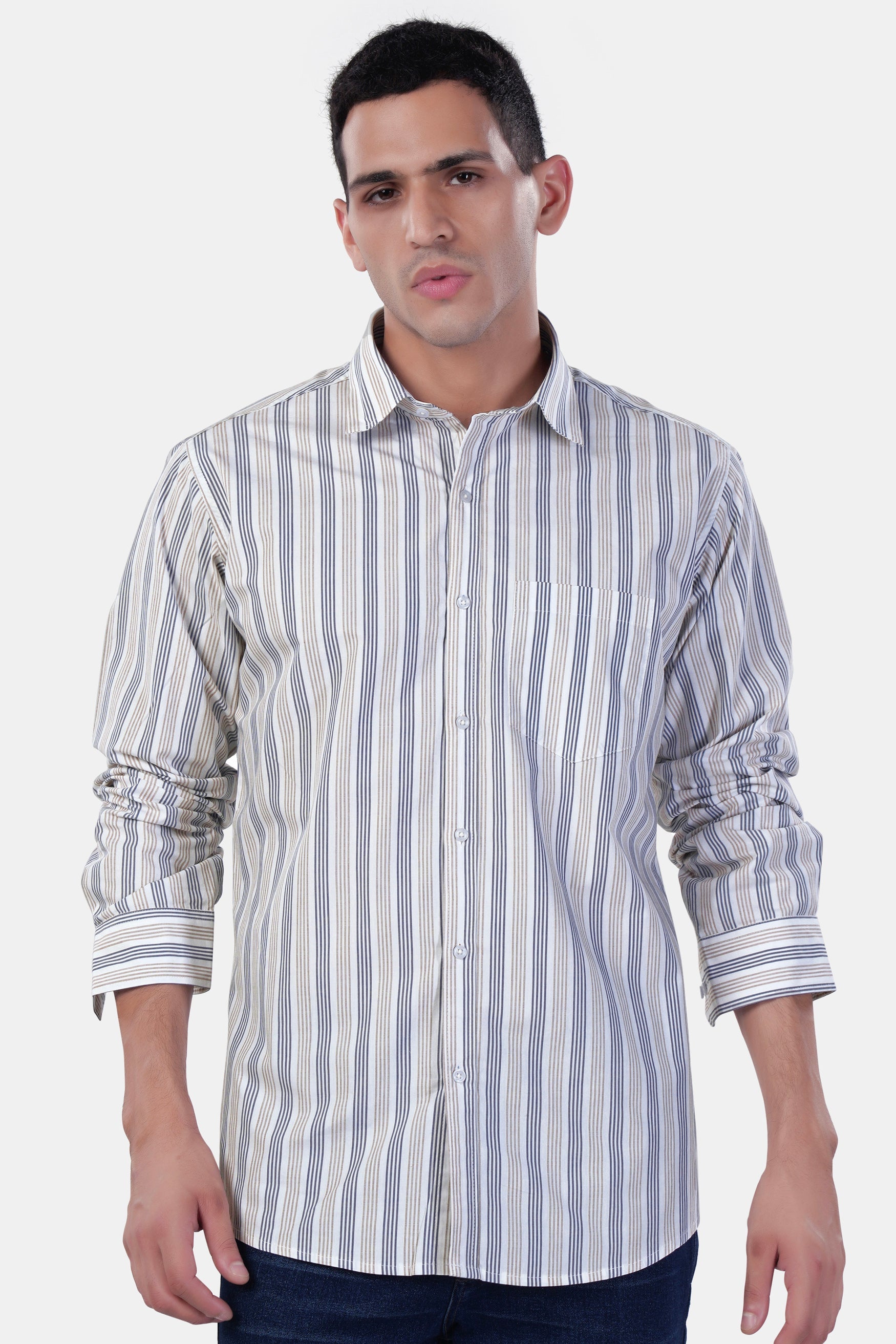 7swords-Bright White with Vanilla Brown and Fiord Blue Striped Premium Cotton Shirt