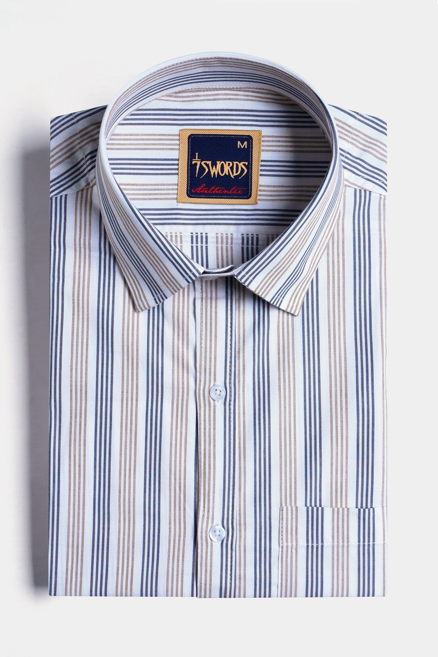 7swords-Bright White with Vanilla Brown and Fiord Blue Striped Premium Cotton Shirt