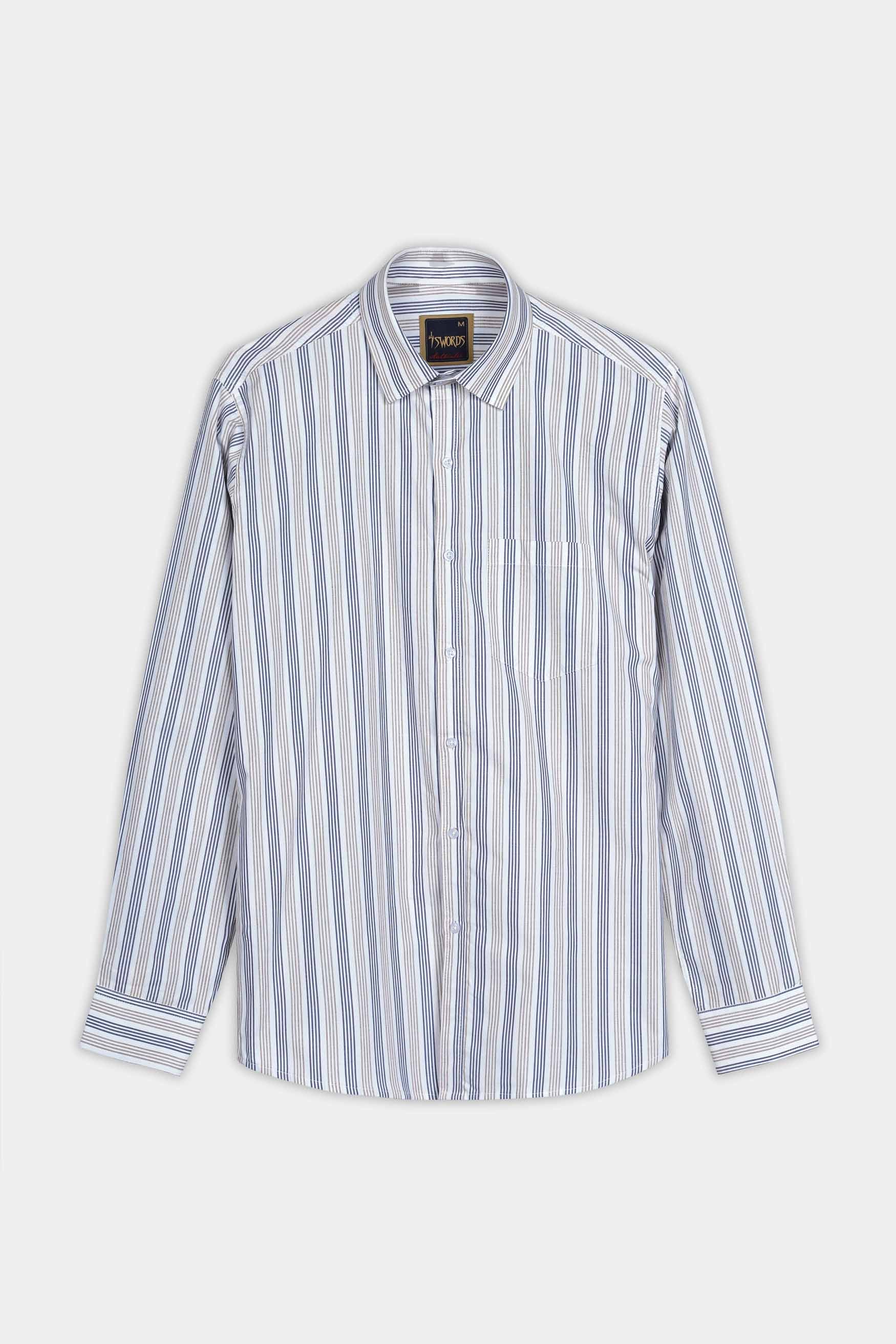 7swords-Bright White with Vanilla Brown and Fiord Blue Striped Premium Cotton Shirt