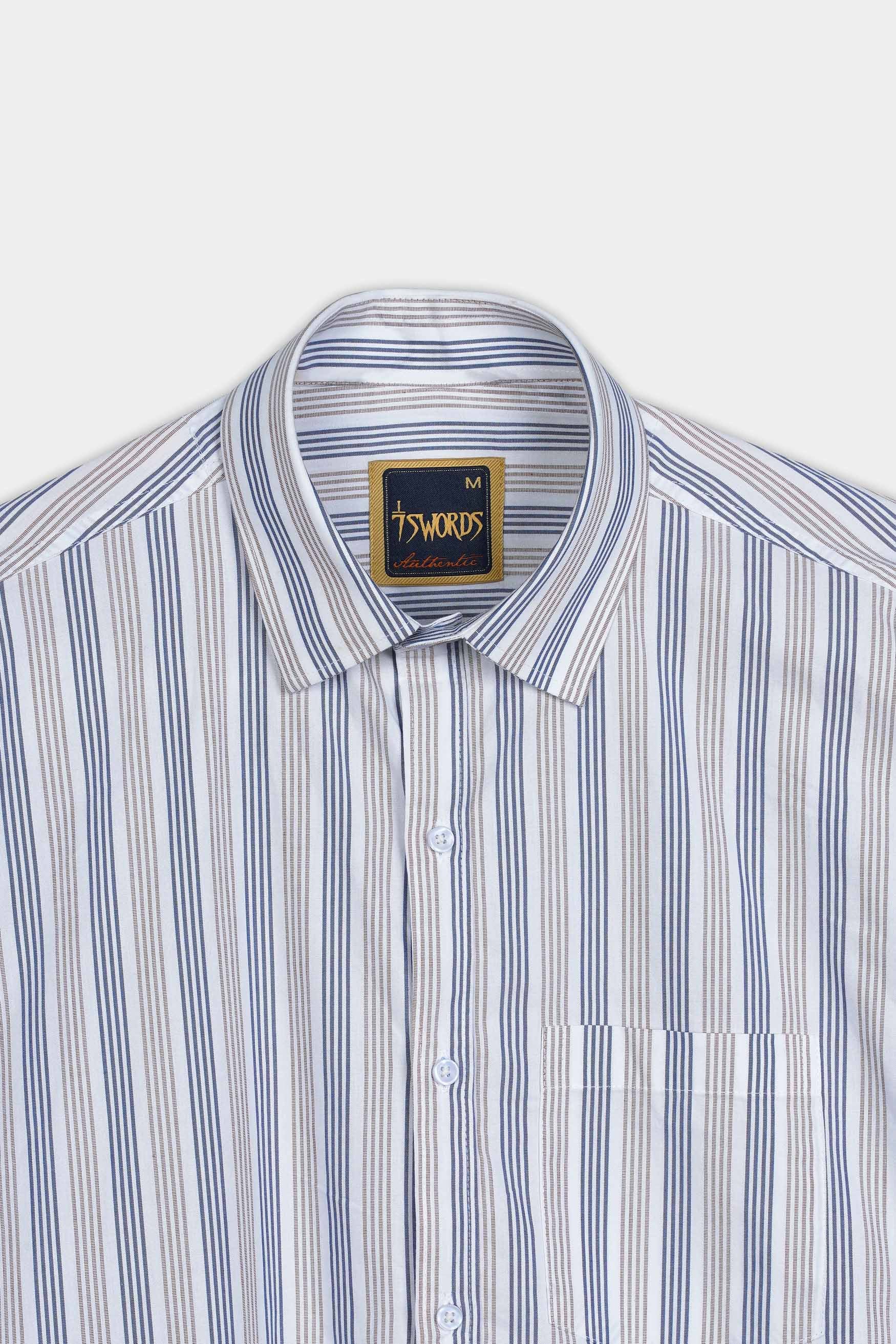 7swords-Bright White with Vanilla Brown and Fiord Blue Striped Premium Cotton Shirt